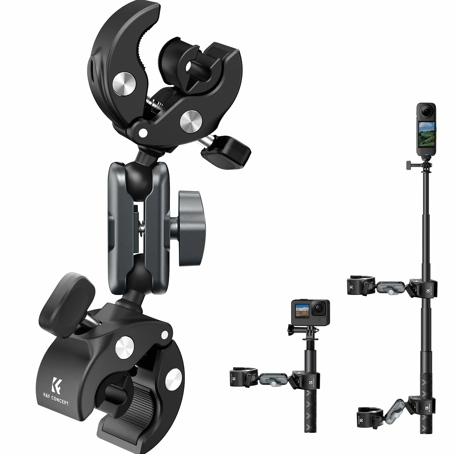 Uchwyt motocyklowy/rowerowy K&F CONCEPT z dwoma głowicami, z dwoma zaciskami Super Clamps, regulowanym ramieniem Magic Arm 360° z adapterem do kamery sportowej i adapterem 1/4", pręt przedłużający nie