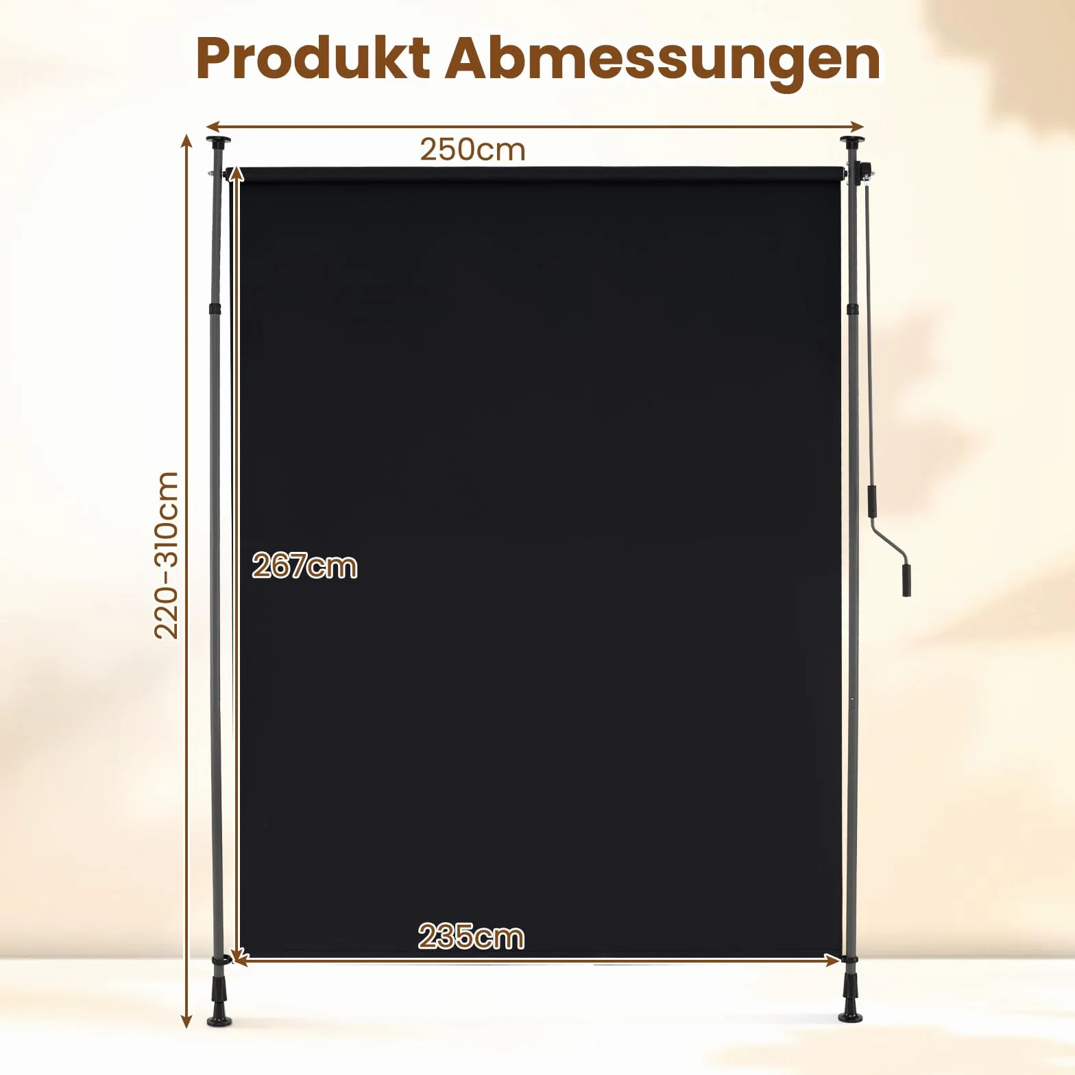COSTWAY Markiza pionowa zewnętrzna, markiza pionowa, 250 x 220-310 cm, z regulacją wysokości i wysuwana, bez wiercenia, roleta balkonowa z korbą, ochrona przed spojrzeniami, na balkon, taras