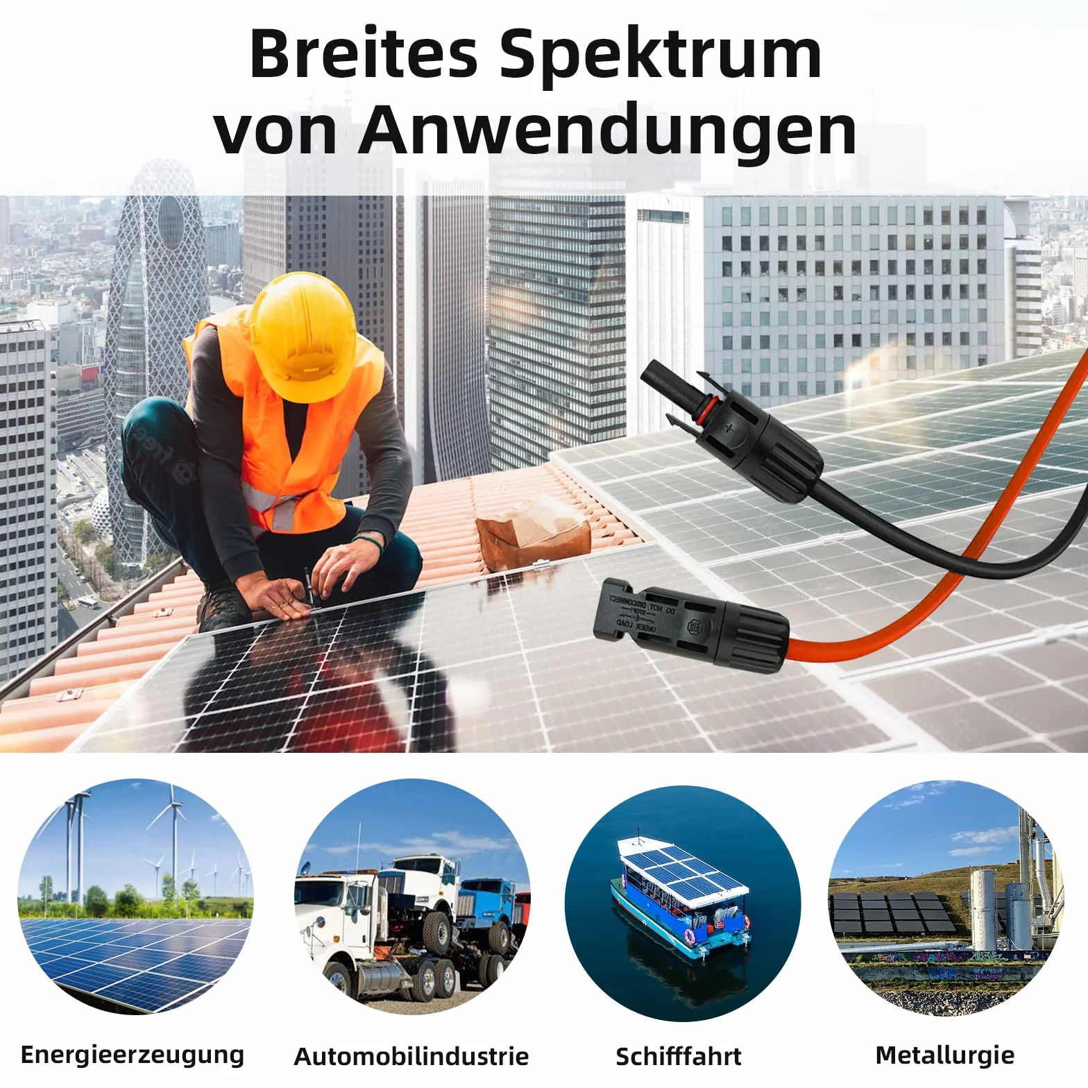 Profesjonalny kabel połączeniowy, przedłużacz (6 mm²/4 mm²), czerwone i czarne linie, kabel solarny wraz z zamontowaną wtyczką solarną po obu stronach (6 mm²-10 m)