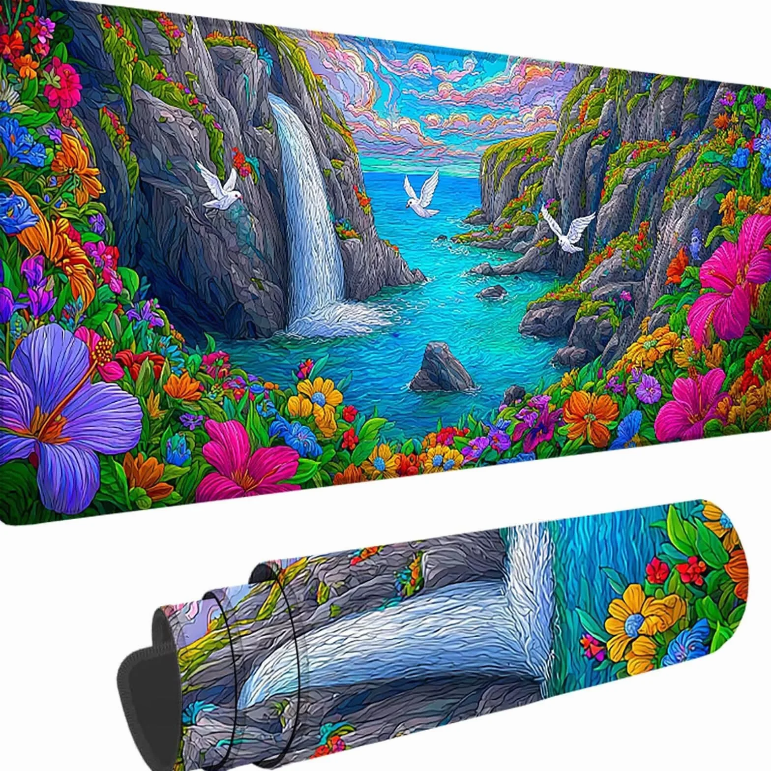 Różowa podkładka pod mysz 1200 x 600 x 3 mm duża podkładka pod mysz XXL kwiat pod ręką biuro gracz, szyte krawędzie, antypoślizgowa gumowa podstawa podkładka pod mysz do komputera, dekoracja wnętrz l