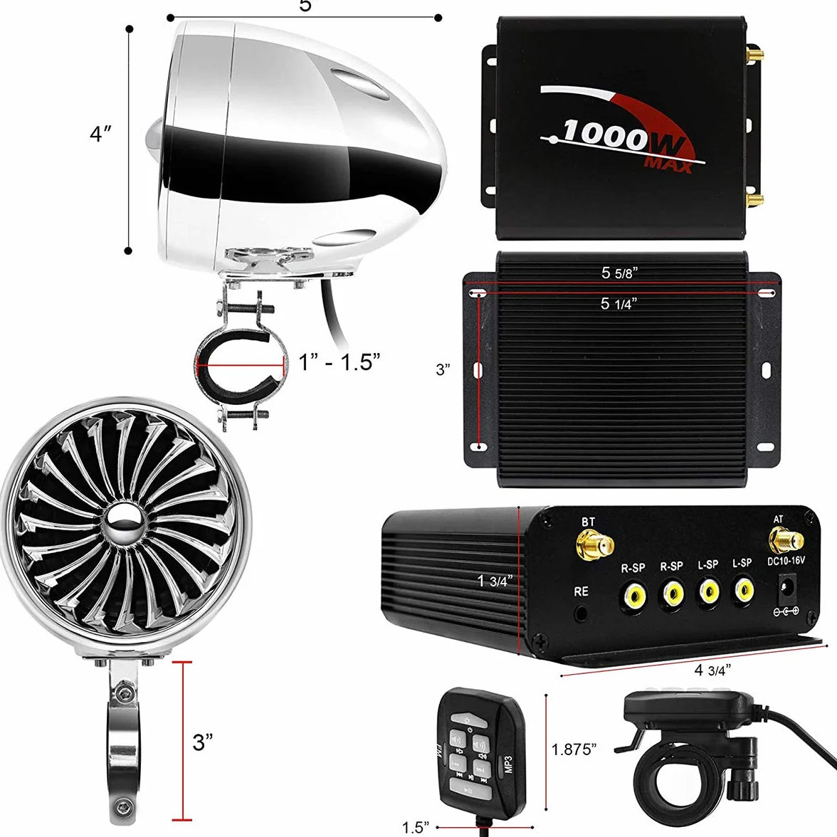 4-kanałowy wzmacniacz motocyklowy, 1000 W, 4 cale, pełny zakres, wodoodporny, Bluetooth, motocykl, głośniki stereo, system audio z AUX, USB, SD, FM, radio do kierownicy, 1–1,5 cala, Harley, Cruiser, ATV, UTV, chromowany, wentylator