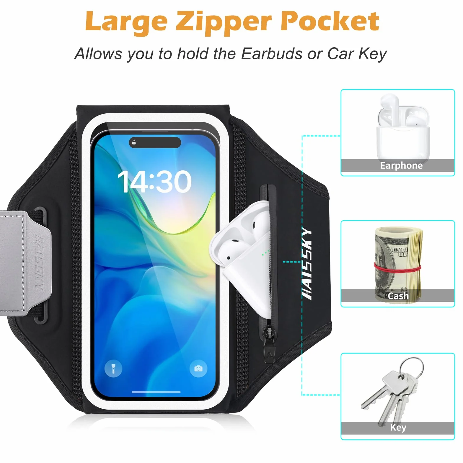 Sportowa opaska do biegania z torbą na słuchawki, regulowany uchwyt na telefon komórkowy do biegania do iPhone'a 17 Pro MAX 16 Pro 15 14 13 Plus, Galaxy S25 Ultra S24 S23 S22, do 6,9"