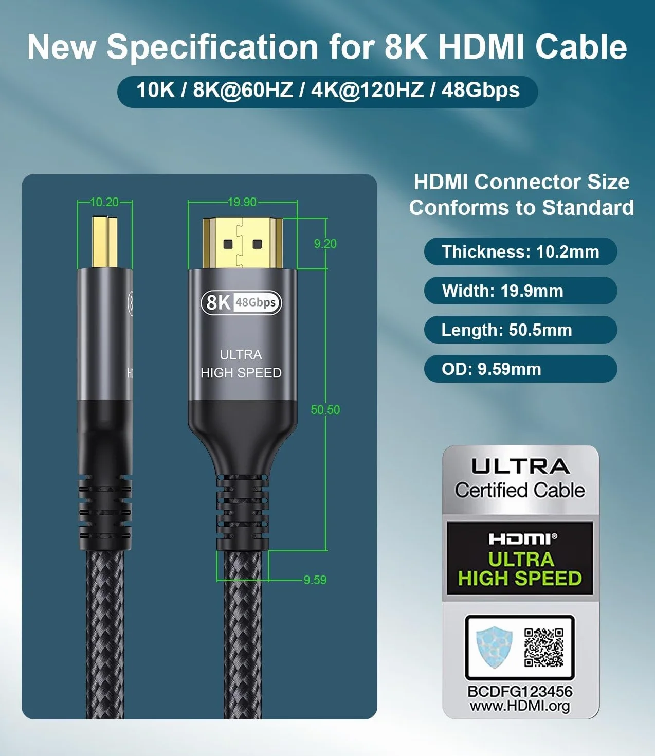 Certyfikowany 10K 8K Kabel HDMI 2.1 0.5M, 48Gbps Ultra Wysoka Prędkość Kabel HDMI Ethernet CEC 4K 240Hz 144Hz 120Hz 10K 8K 60Hz ARC eARC HDCP2.3 HDR10+ PC Laptop TV Monitor Projektor PS5 X-Box