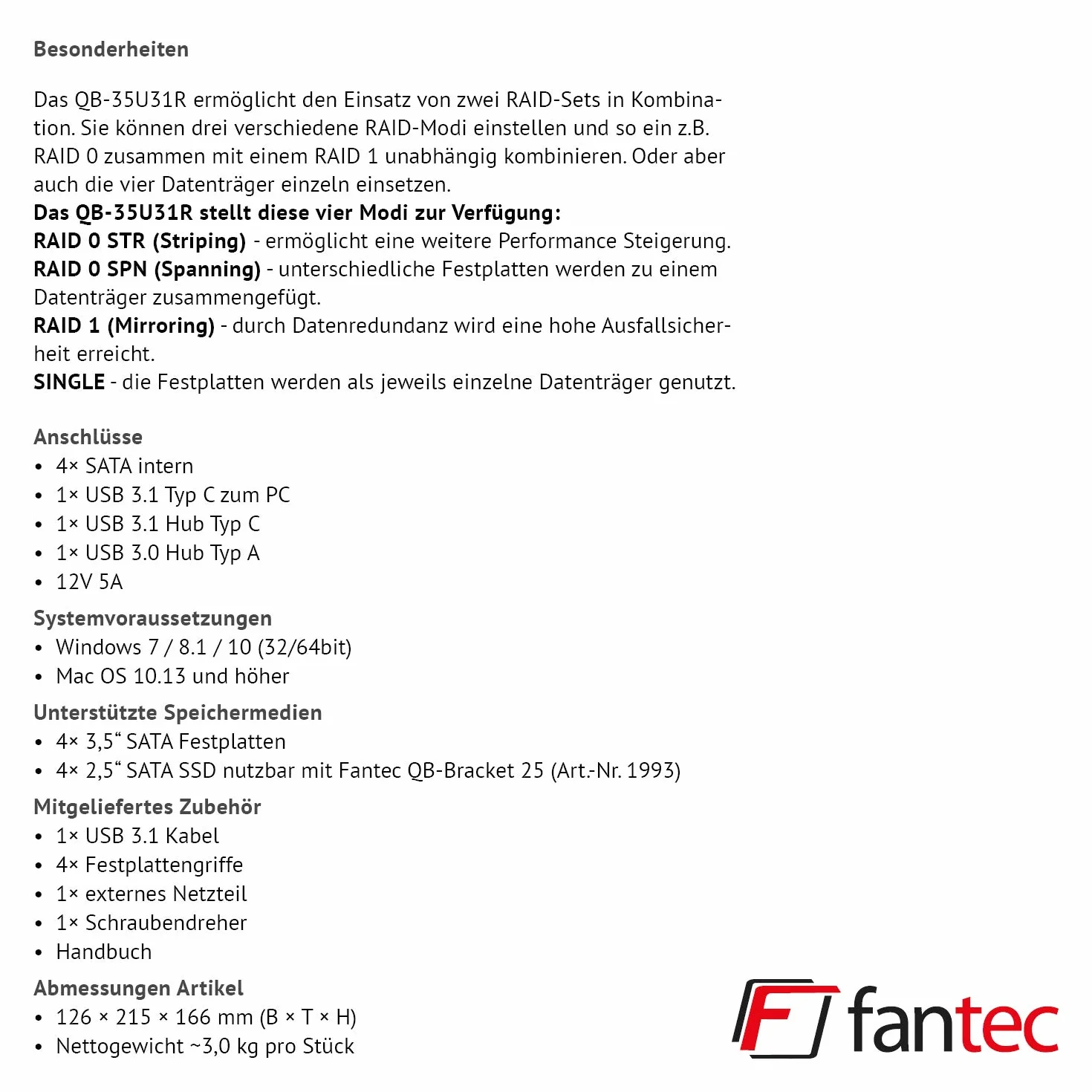 FANTEC QB-35U31R zewnętrzna obudowa dysku twardego RAID do 4 x 8, 89 cm (3,5 cala), złącze USB 3.1 generacji II, funkcja Raid z 2 niezależnymi zestawami, wentylatory 80 mm, czarna