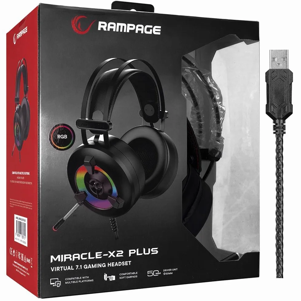 Rampage Miracle-X2 PLUS czarny RGB LED 7.1 Surround Sound system gamingowy zestaw słuchawkowy do gier z mikrofonem