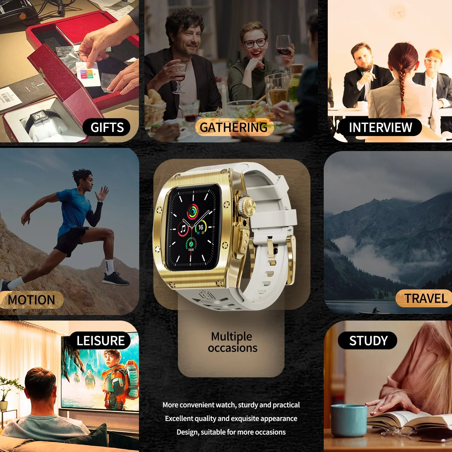 Shellbox kompatybilny z Apple Watch Series 8 7 45 mm / Series 6 SE 5 4 44 mm, ochronny wytrzymały metalowy zderzak ze stali nierdzewnej z paskiem i twardą osłoną ekranu, wytrzymały wojskowy pokrowiec