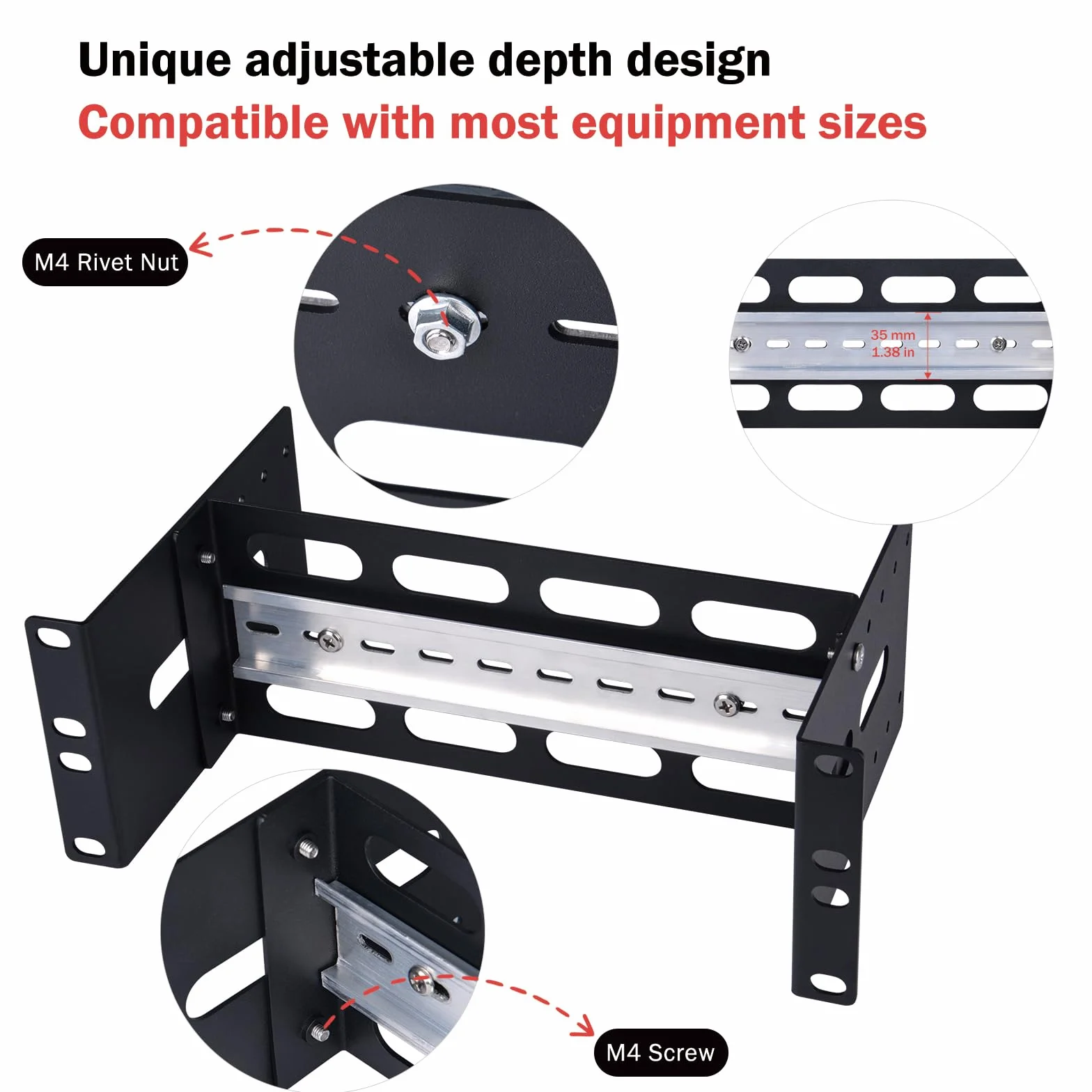 GeeekPi Uchwyt montażowy na szynie DIN 25,4 cm, regulowana głębokość, do DeskPi RackMate T1/T0/T2/T0 Plus/T1 Plus, kompatybilny z przemysłowymi urządzeniami sieciowymi 35 mm i szafą 10"