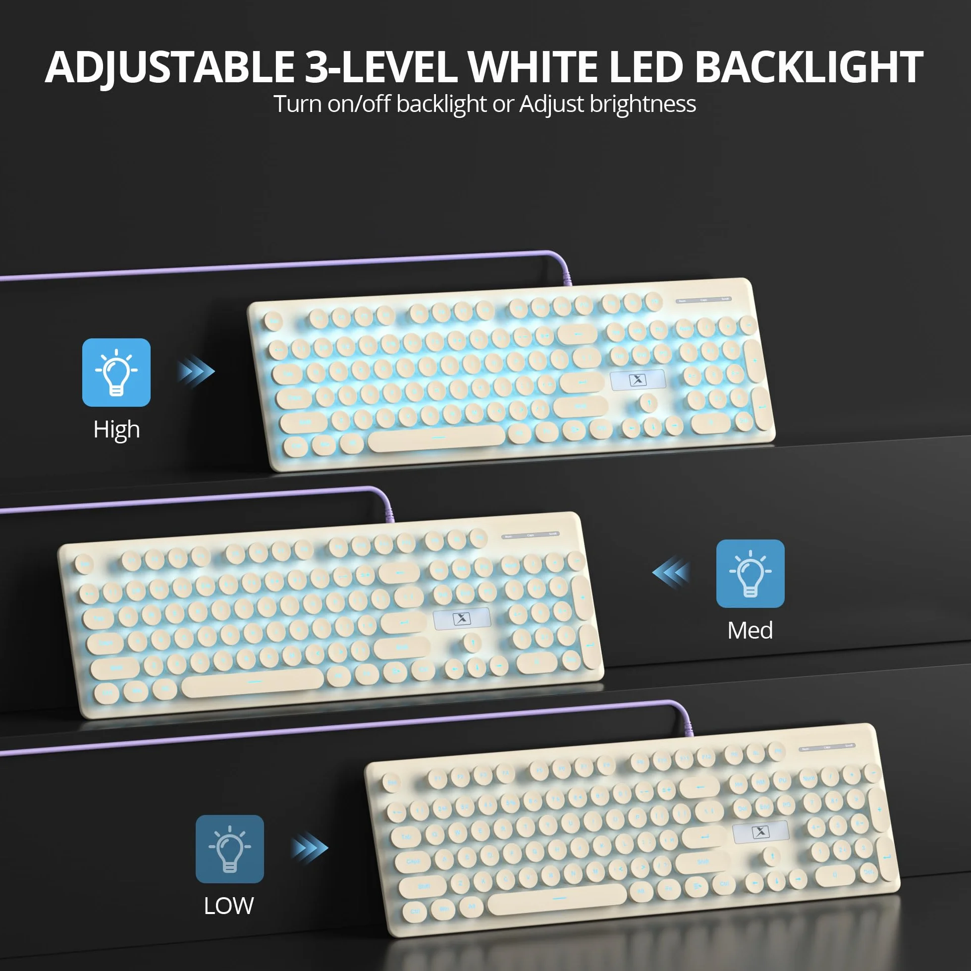 Podświetlana klawiatura PC, podświetlane klawiatury z podświetleniem LED z uroczymi okrągłymi klawiszami, 104 klawisze pełnowymiarowa klawiatura USB do PC/Win/Mac/laptopa QWERTY Amerykańska