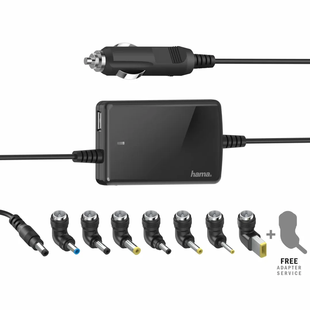 Hama Uniwersalny zasilacz samochodowy do laptopa (gniazdo zapalniczki, dioda LED, 15-19V, 70W, 8 adapterów, przewód wejściowy 0,3m, przewód wyjściowy 1,45m) czarny