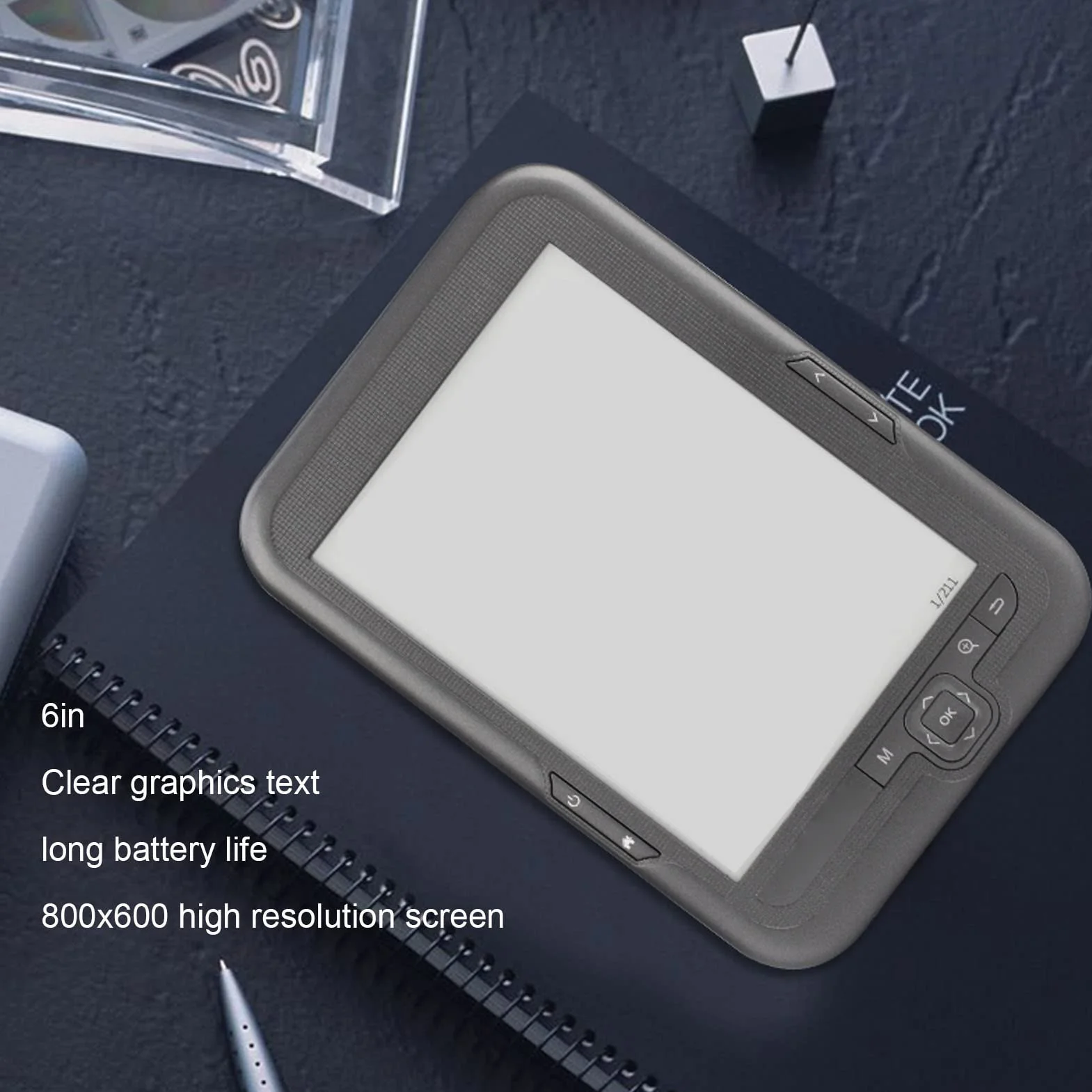 Ereader, Czytnik Ebooków 6In 800X600 HD Ink Screen, Ink Screen E Reader z Futerałem Ochronnym Słuchawki, Obsługa Funkcji Zoom, Zakładki, FM, Odtwarzanie Muzyki Redukcja Niebieskiego(4 GB)