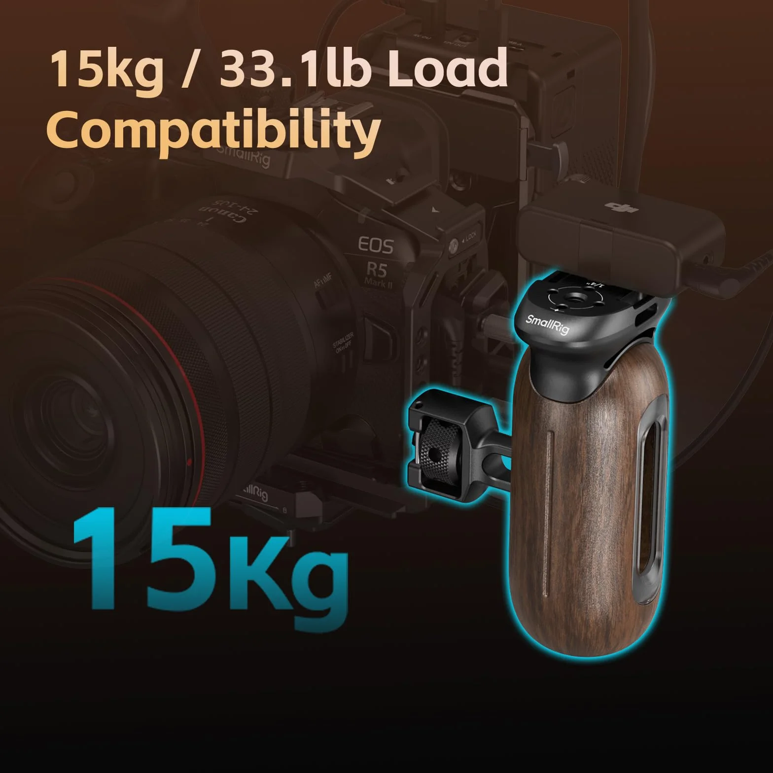 SMALLRIG Drewniany uchwyt boczny do klatek kamerowych ze śrubą ustalającą 2 w 1, ergonomiczny uchwyt po lewej lub prawej stronie, regulacja pionowa 29 mm / 1,14 cala, udźwig 15 kg / 33,1 funta - 5238