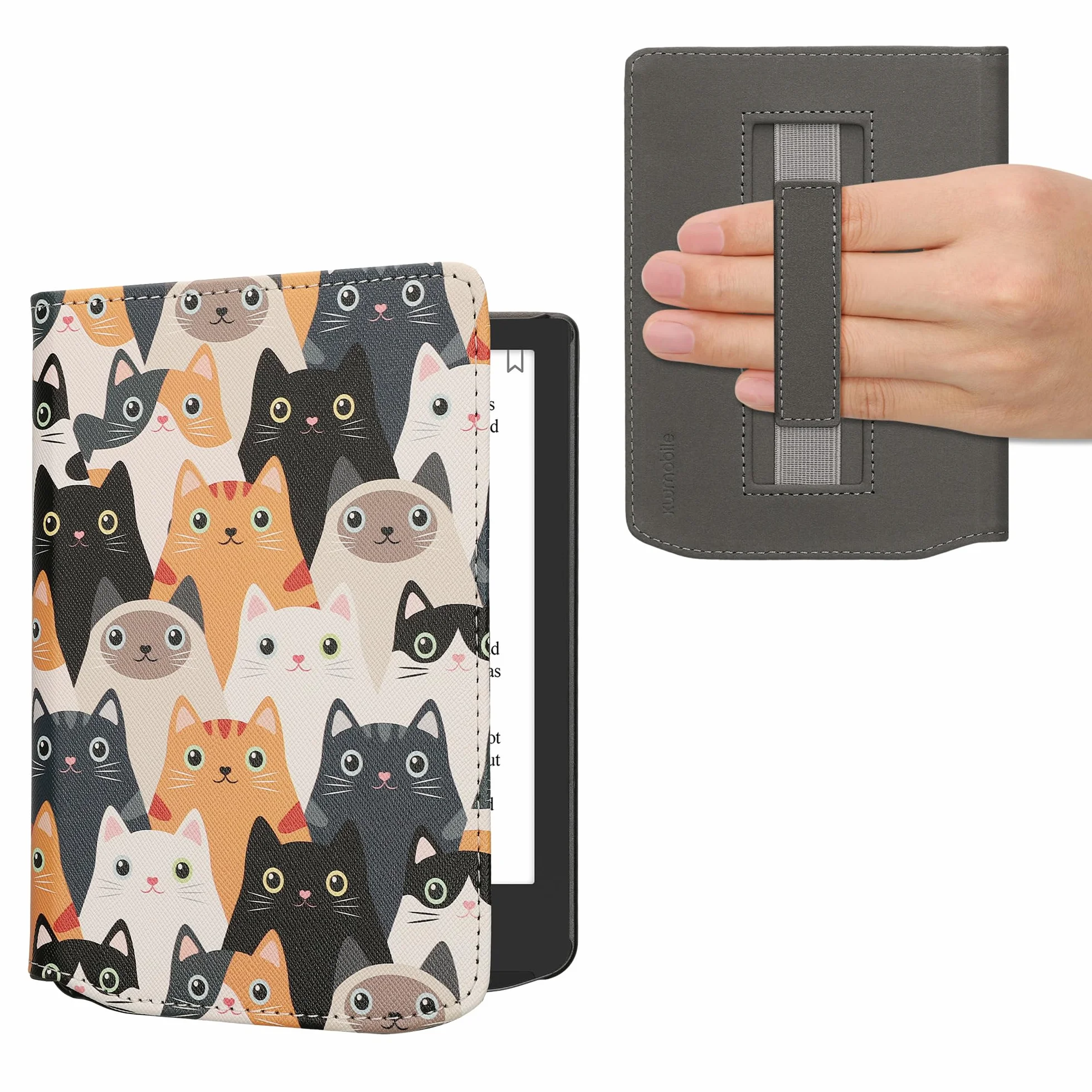 kwmobile Etui Kompatybilne z Pocketbook Verse/Verse Pro/Verse Color/Vivlio Light/Light HD - Etui PU z paskiem - Koty Pomarańczowe/Czarne/Białe