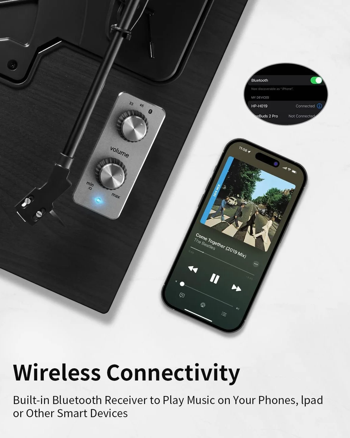 ANGELS HORN Bluetooth Hi-Fi Gramofon z Wbudowanymi Głośnikami | Wbudowany przedwzmacniacz phono, wkładka magnetyczna AT-3600L, napęd paskowy 33/45 RPM i regulowana przeciwwaga