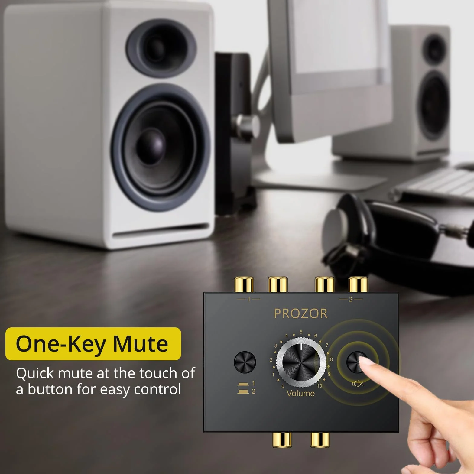 PROZOR Przełącznik audio stereo 3,5 mm i RCA – 2 (1)-In-1 (2)-Out rozdzielacz AUX L/R RCA dwukierunkowy przełącznik selektora, regulacja głośności i przycisk wyciszenia, pasywny konwerter do głośników