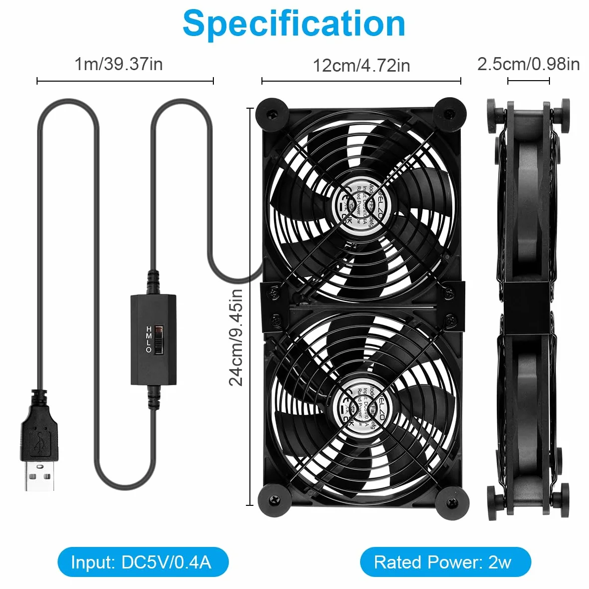 ELZO Wentylator USB 120 mm 2 w 1, przenośny wentylator komputerowy z 3 regulowanymi prędkościami