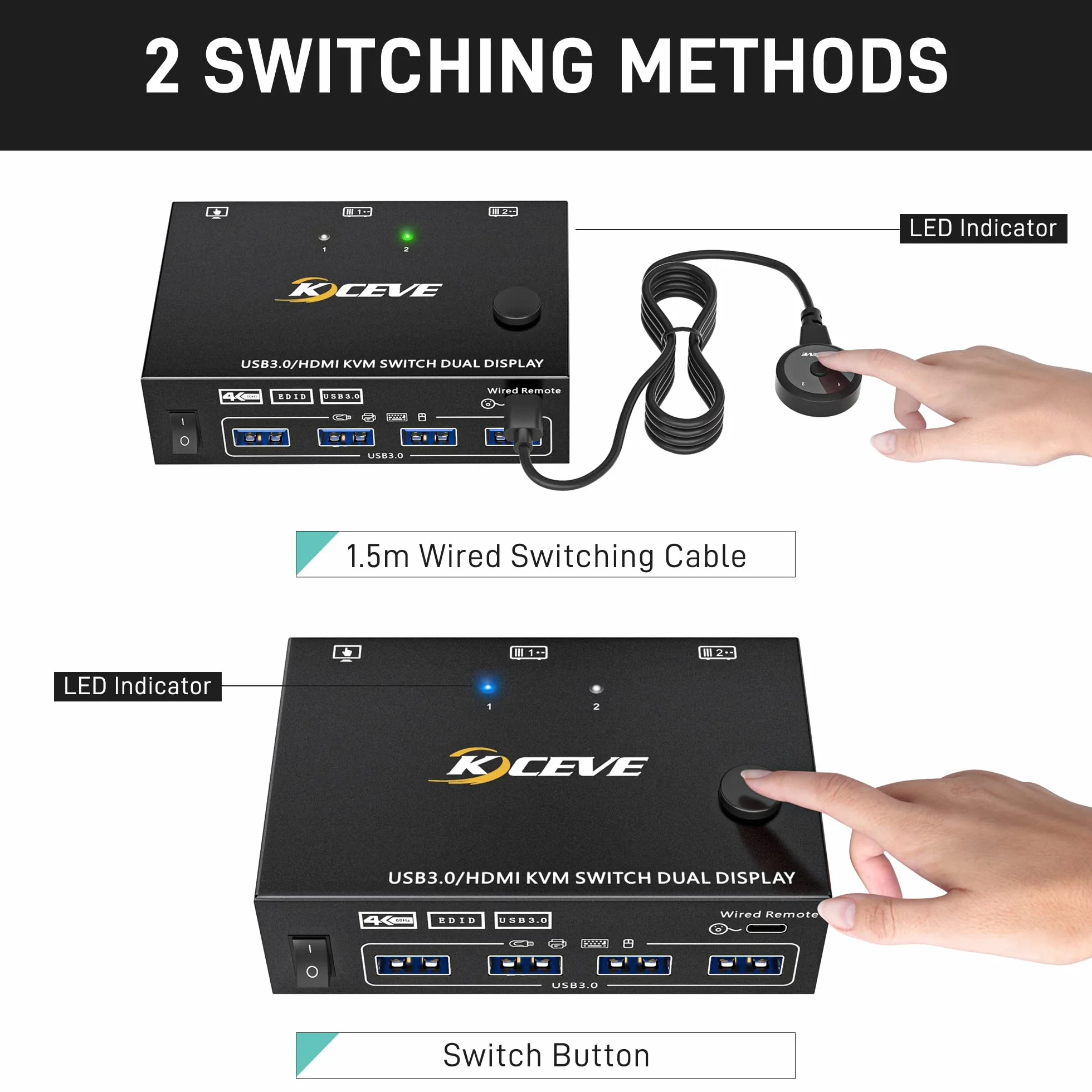 USB 3.0 Przełącznik HDMI KVM 2 Komputery 2 Monitory, Symulacja EDID, Rozszerzony Wyświetlacz 4K 60 Hz, HDMI 2.0, Dwa Monitory Switch KVM 2 Komputery Teilen Cablelose Tastatur, Maus, Wired Remote