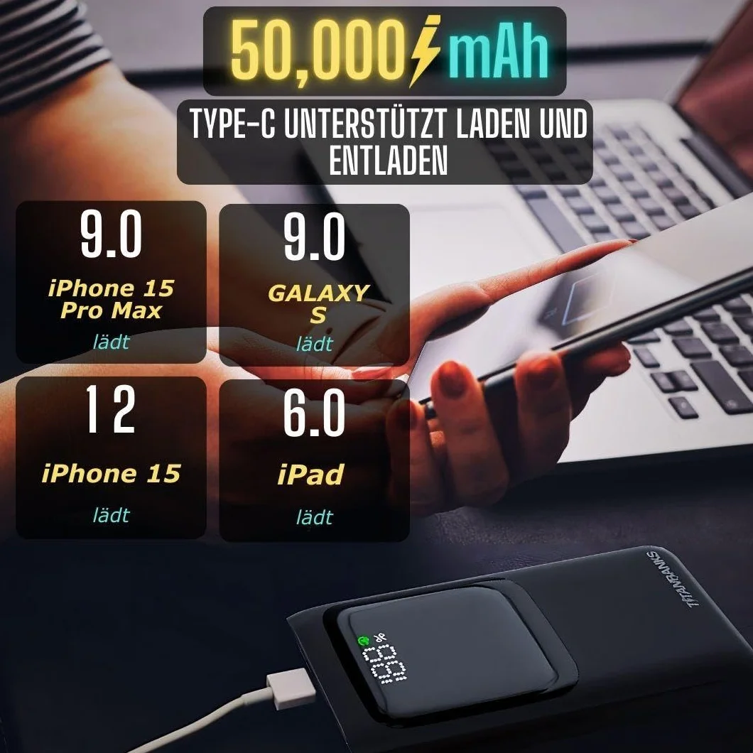 Titan X powerbank 50000 mAh 22,5 W funkcja szybkiego ładowania z latarką, zewnętrzny akumulator do telefonu komórkowego i tabletu, 5 wyjść i 3 wejścia