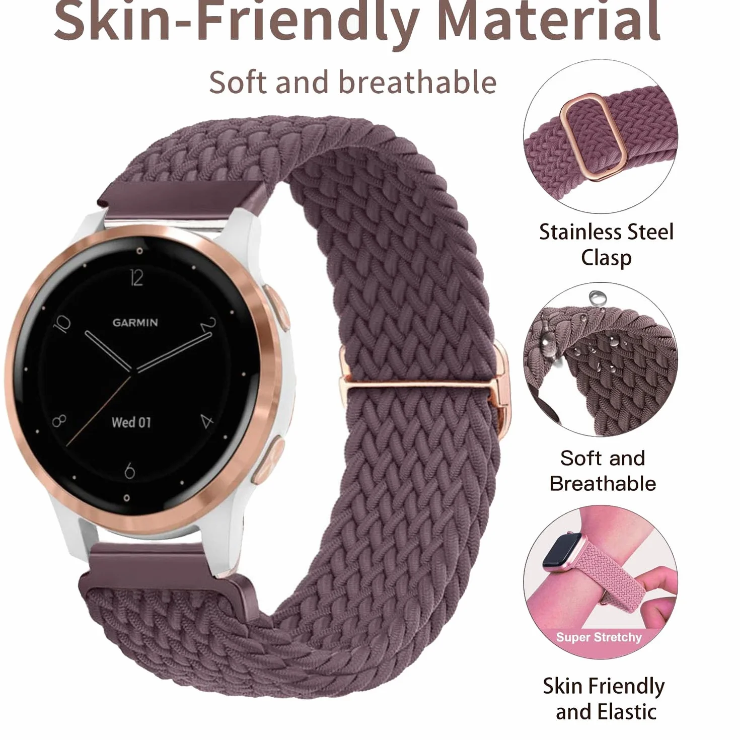 Pleciony elastyczny nylonowy pasek do zegarka Garmin Vivoactive 4S, Venu 2S, Venu 3S, Vivomove 3S, Forerunner 255S, Forerunner 265S, dla kobiet i mężczyzn, 18 mm, elastyczny, z tkaniny, 2 szt.