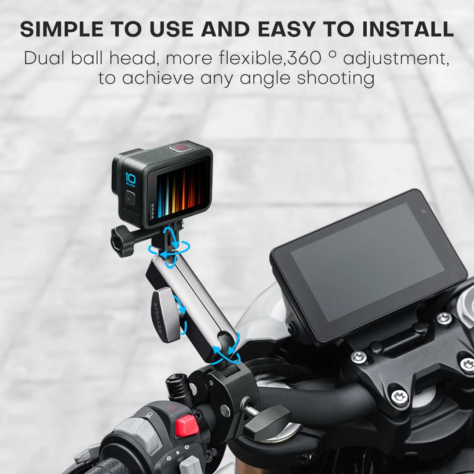 REYGEAK Mocowanie kamery z podwójną głowicą kulową 360° ze śrubami 1/4, uchwyt na kierownicę rowerową z podwójnym pazurem do Gopro Max Hero 13/12/11/10/9