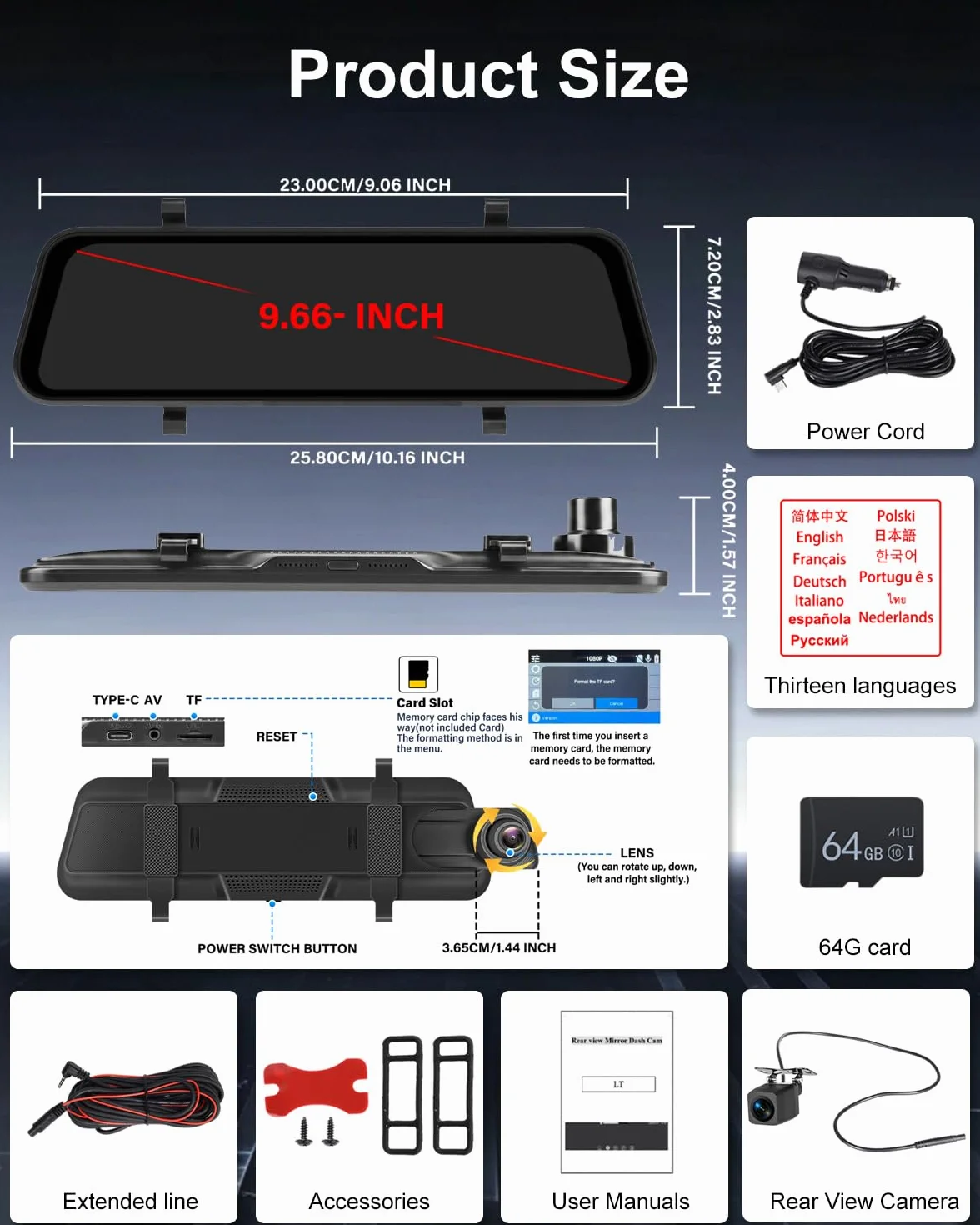 NHOPEEW Kamera samochodowa 4K z tylną kamerą 1080P | WiFi, nagrywanie w pętli, czujnik G, monitor parkowania 24H, kompensacja ekspozycji, ekran IPS 9,66"