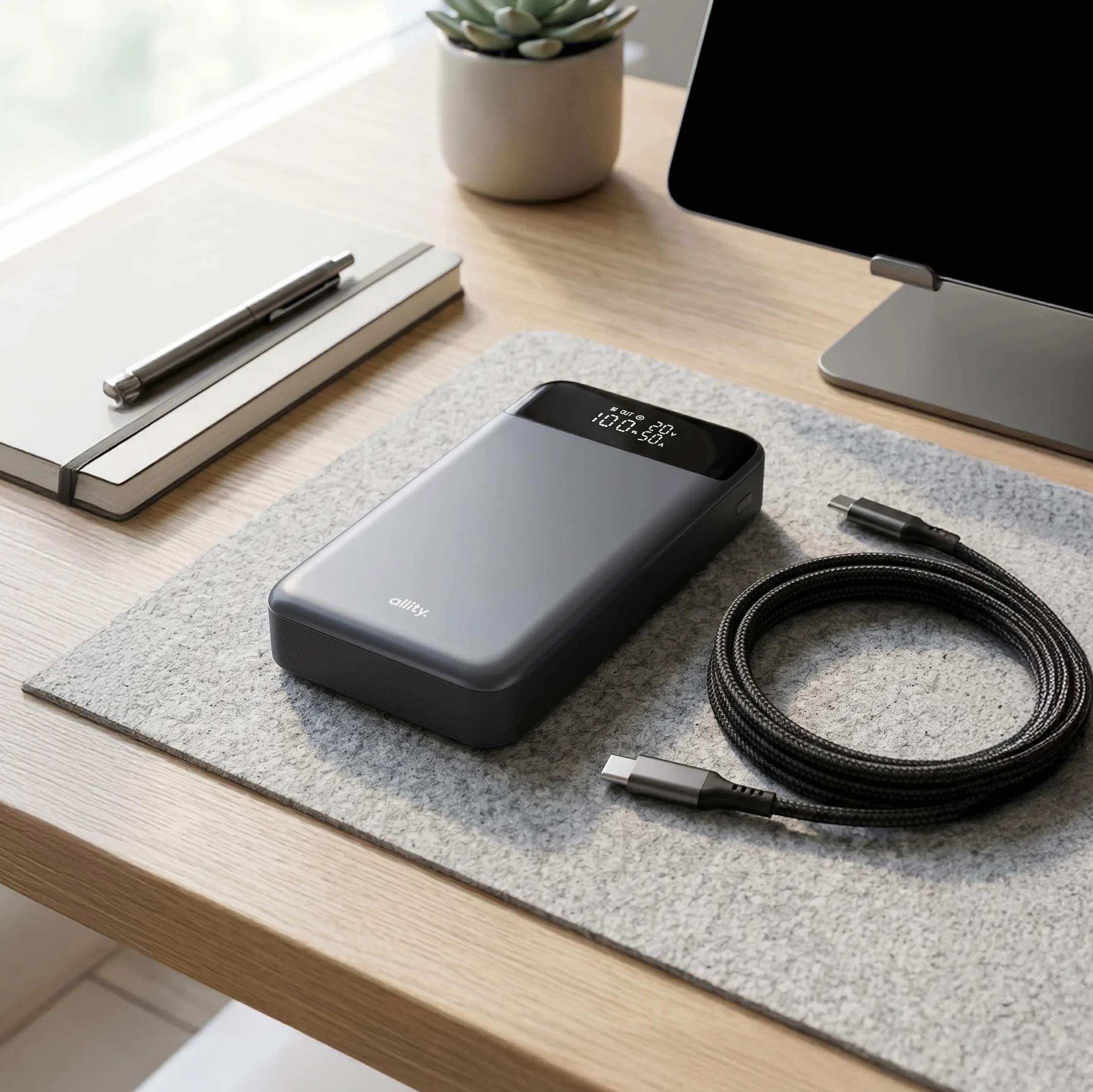 Powerbank 19200 mAh 130 W – USB-C PD & QC szybka ładowarka do laptopa, telefonu komórkowego i tabletu – aluminiowa obudowa, wyświetlacz LCD, kompaktowy, w zestawie kabel 100 W – szary Power
