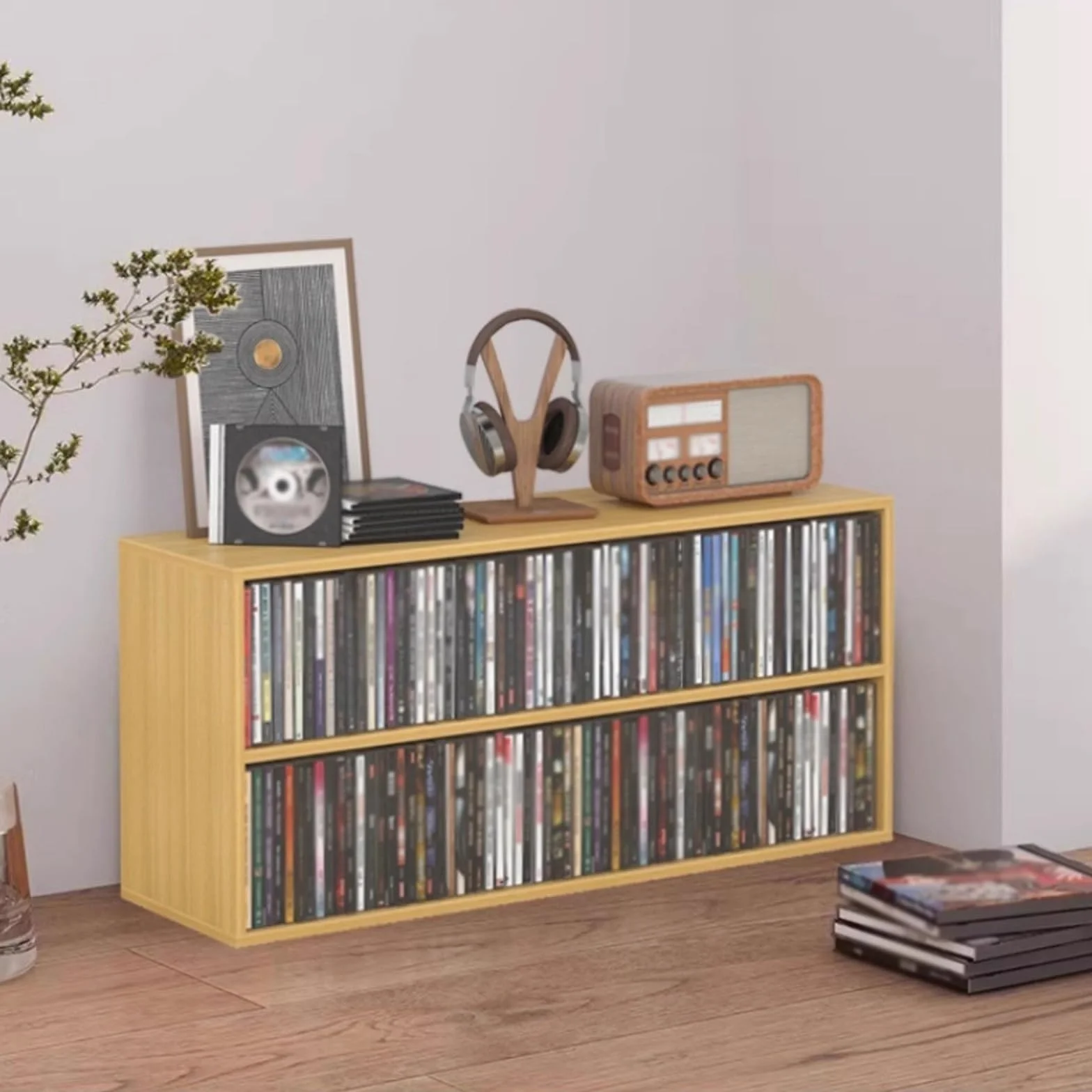 przechowywanie płyt Dwupoziomowy stojak na płyty CD, drewniany, wielofunkcyjny, domowy stojak na płyty CD