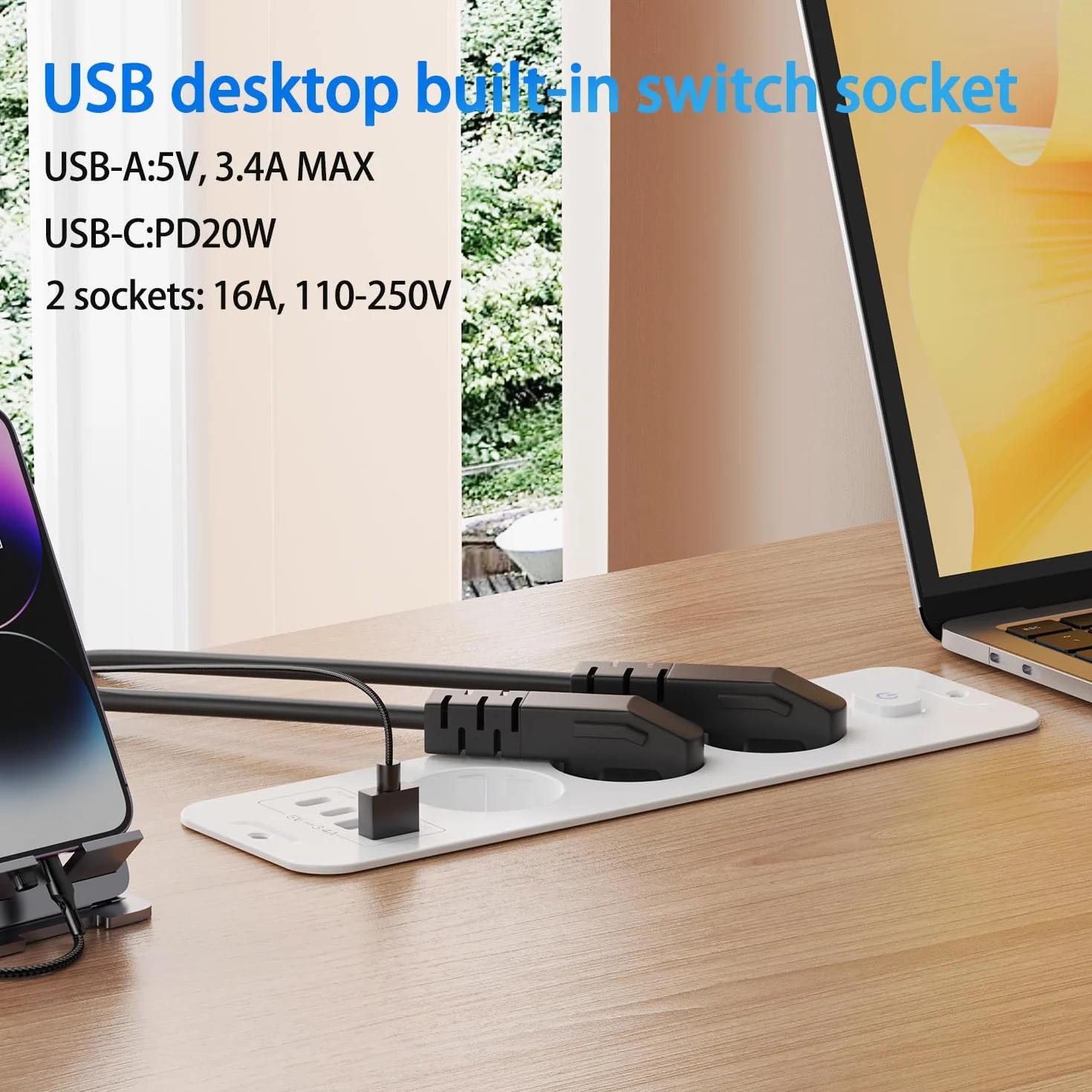 Gniazdo wtykowe do zabudowy z USB, 3-krotne gniazdko stołowe z USB A i Type-C, 7 N 1, blat stołu, wpuszczane potrójne gniazdko z kablem przedłużającym 2 m, listwa zasilająca do zabudowy, do biura,