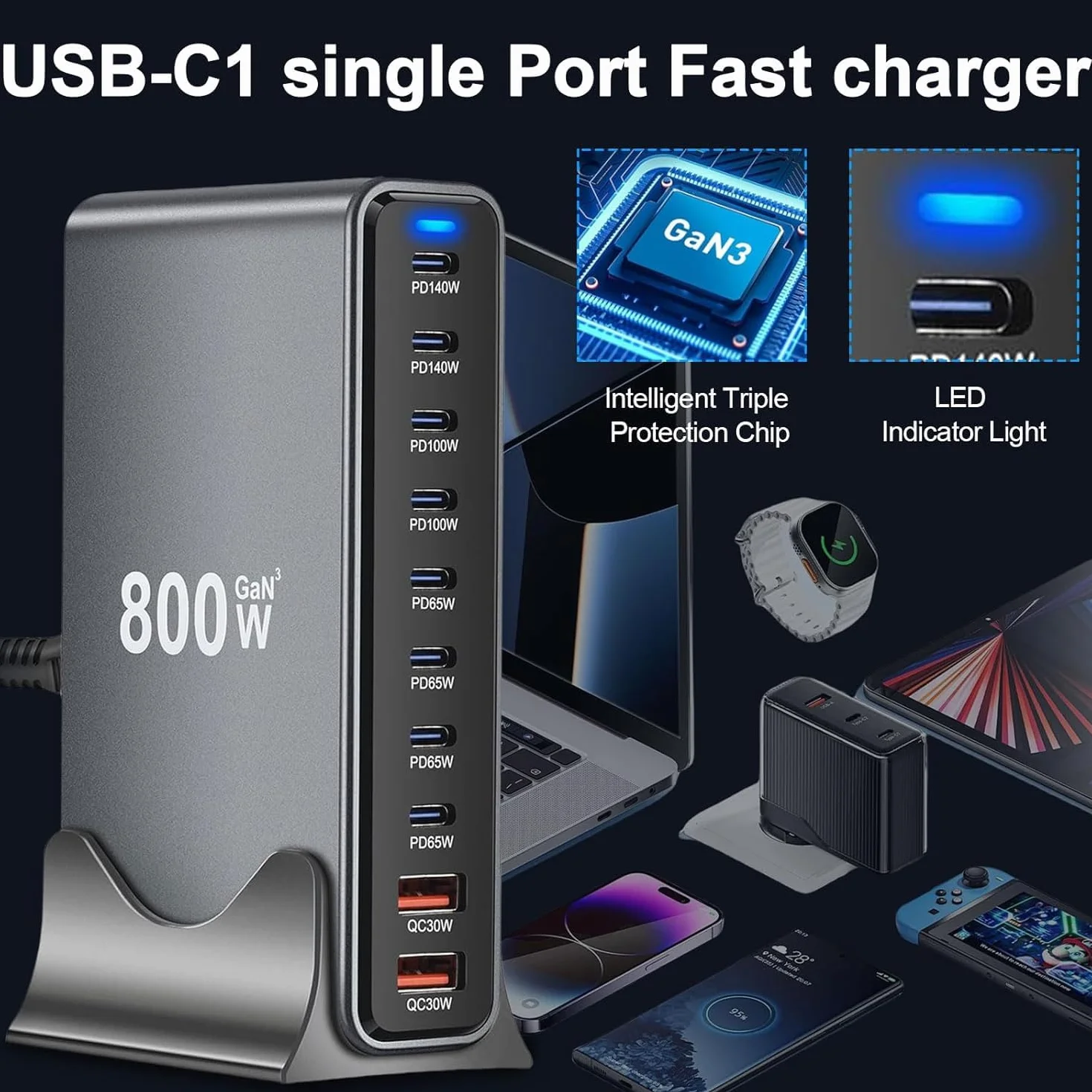 GaN III10 ładowarka USB C, 800 W, wiele portów USB, stacja ładująca 8 USB C i 2 USB A, szybka ładowarka, stacja ładująca, kompaktowa wielofunkcyjna ładowarka do laptopów (800 W + kabel do