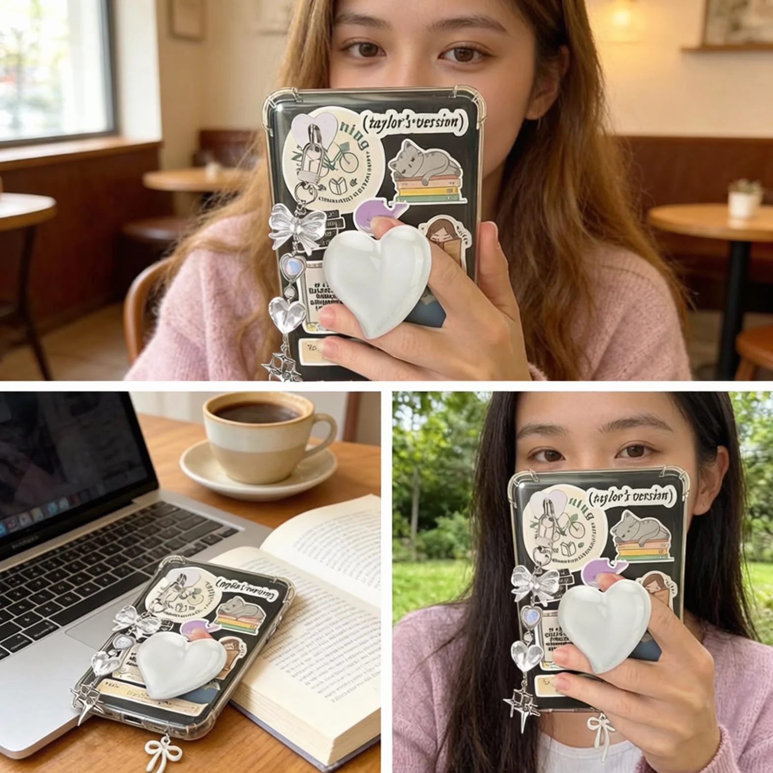 Zestaw białych uroczych zawieszek do Kindle, w tym zawieszka z wtyczką przeciwpyłową typu C/USB C, uchwyt w kształcie serca, błyszczące breloki z haczykiem do Kindle Paperwhite 11. 12