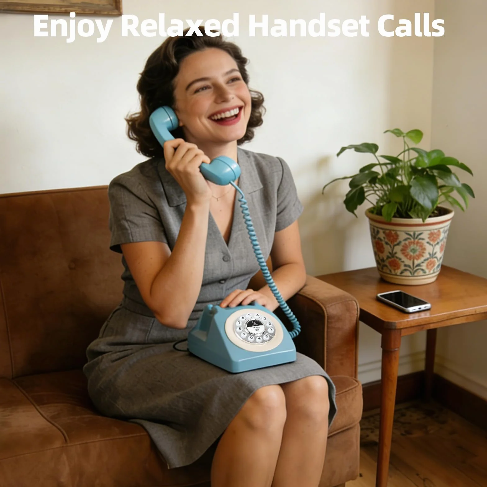 Telefon stacjonarny Bluetooth w stylu retro, niebieski z połowy wieku, z klasyczną słuchawką, głośne dzwonki vintage, Bluetooth łączy się ze smartfonem, uroczy telefon w stylu retro do sypialni, domu