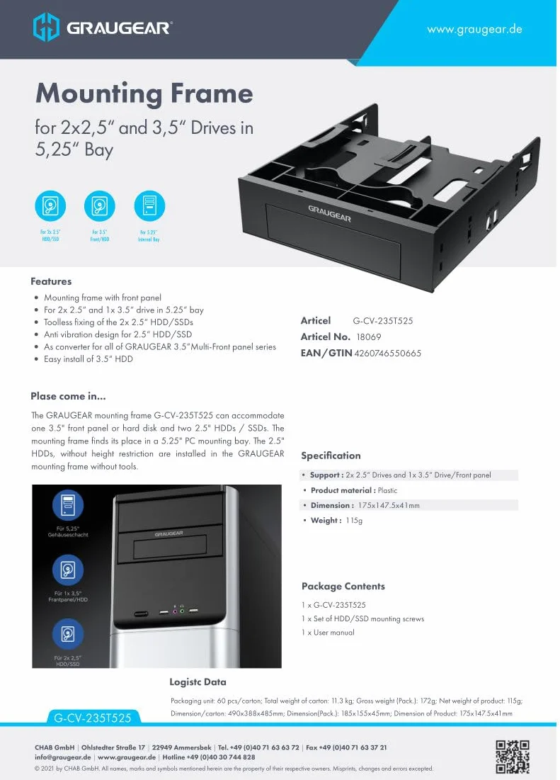 GRAUGEAR | ramka montażowa do 2 x 2,5 cala HDD/SSD i 1 x 3,5-calowych dysków HDD na 5,25 cala | osłona przednia 5,25" | G-CV-235T525