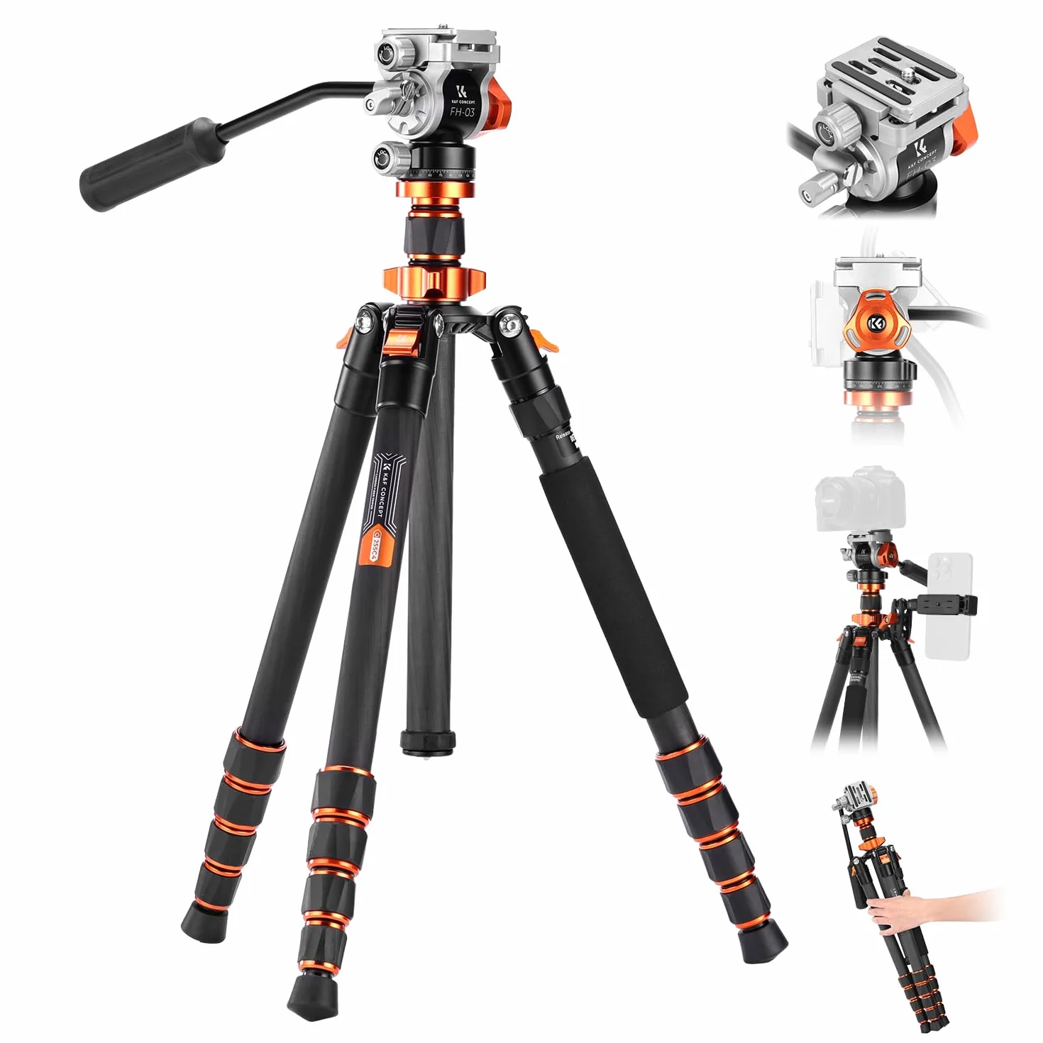 K&F CONCEPT Statyw z włókna węglowego 173 cm, statyw fotograficzny z głowicą hydrauliczną ± 90°, statyw wideo monopod 182 cm z szwajcarską Arca do lustrzanki, Max 5kg, O255C4+FH-03