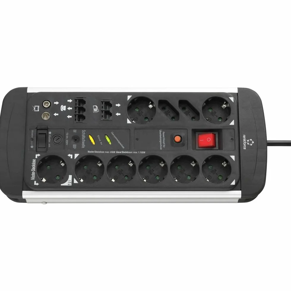 Renkforce 1015A-CMB-SXMS Master/Slave listwa zasilająca 10-krotna, czarna, aluminiowa styk ochronny 1 szt.