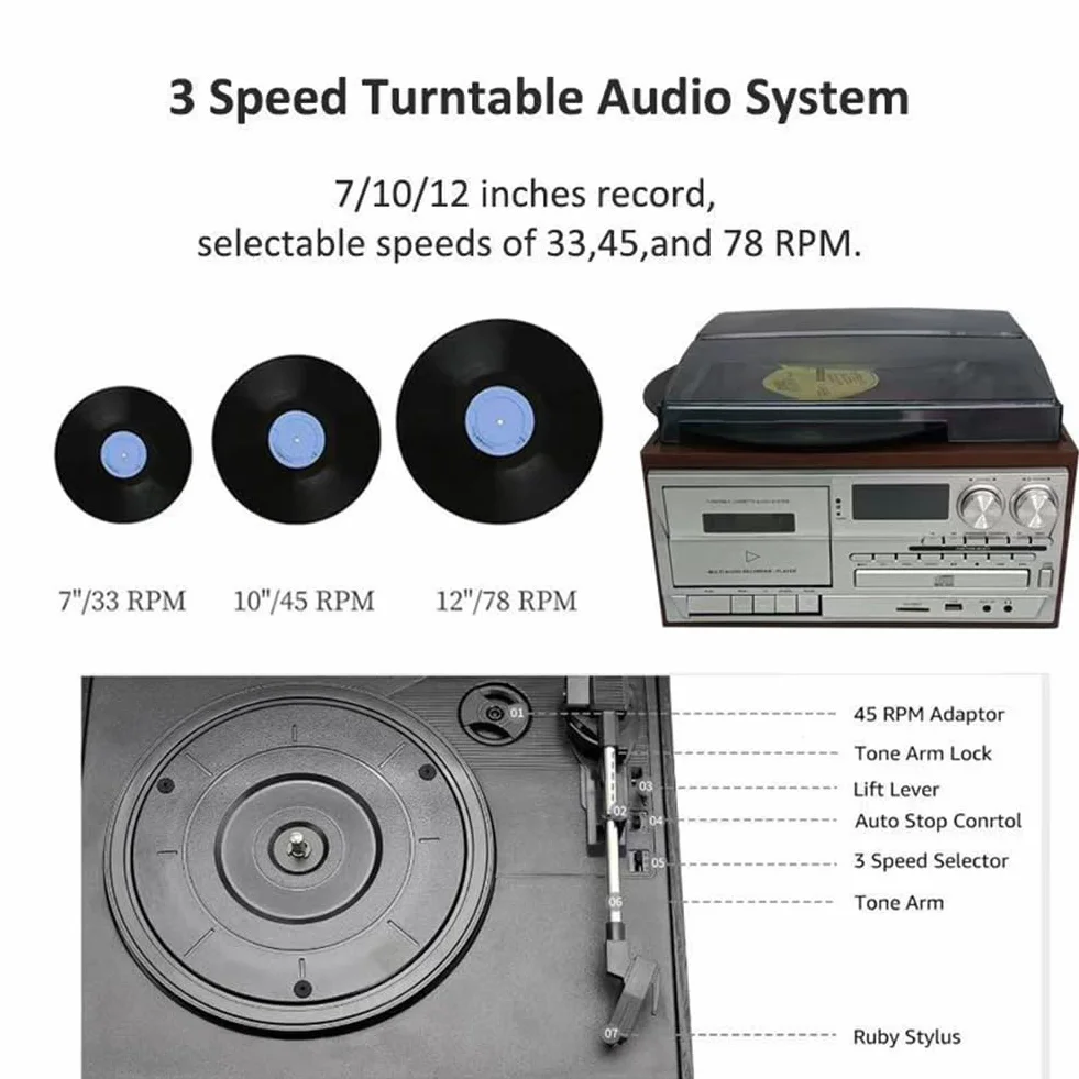 Gramofon 9 w 1 retro z radiem AM/FM, 3-biegowy winyl, wbudowane głośniki, wyjście audio do domowego biura, sypialni
