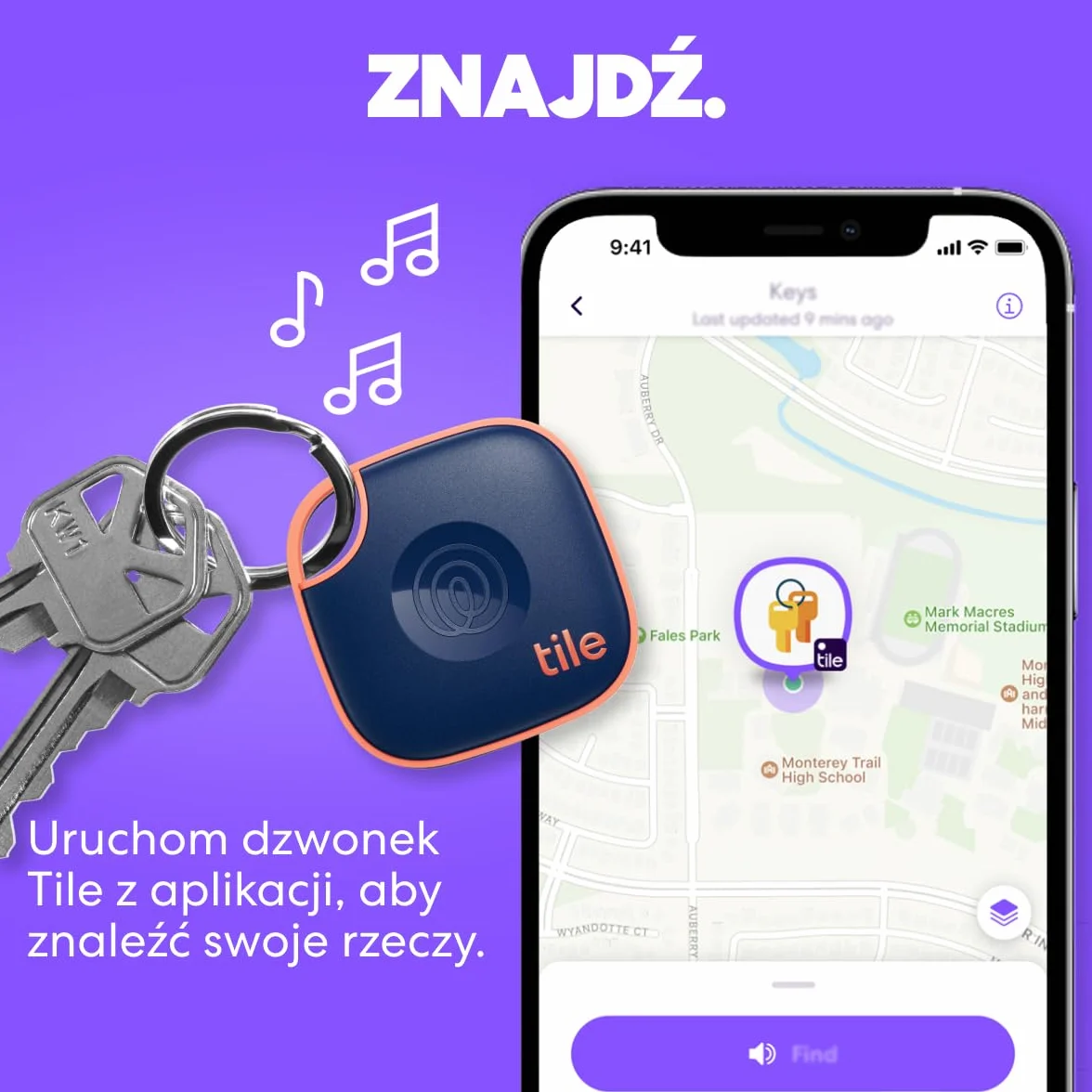 Tile by Life360 Mate - lokalizator Bluetooth do znajdowania kluczy, torebek i innych rzeczy. Znajdowanie telefonu. Zgodność: iOS i Android. 1 szt. (navy blaze)