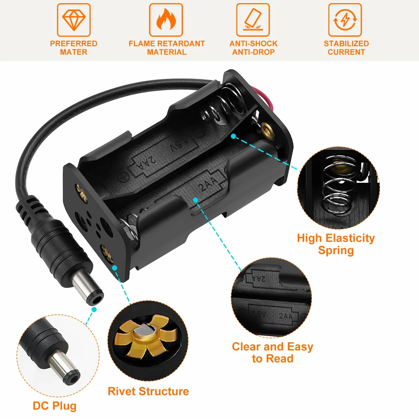 KUOQIY Uchwyty na Baterie AA 6V Battery Storage Box z Wtyczką DC Plastikowy Pojemnik