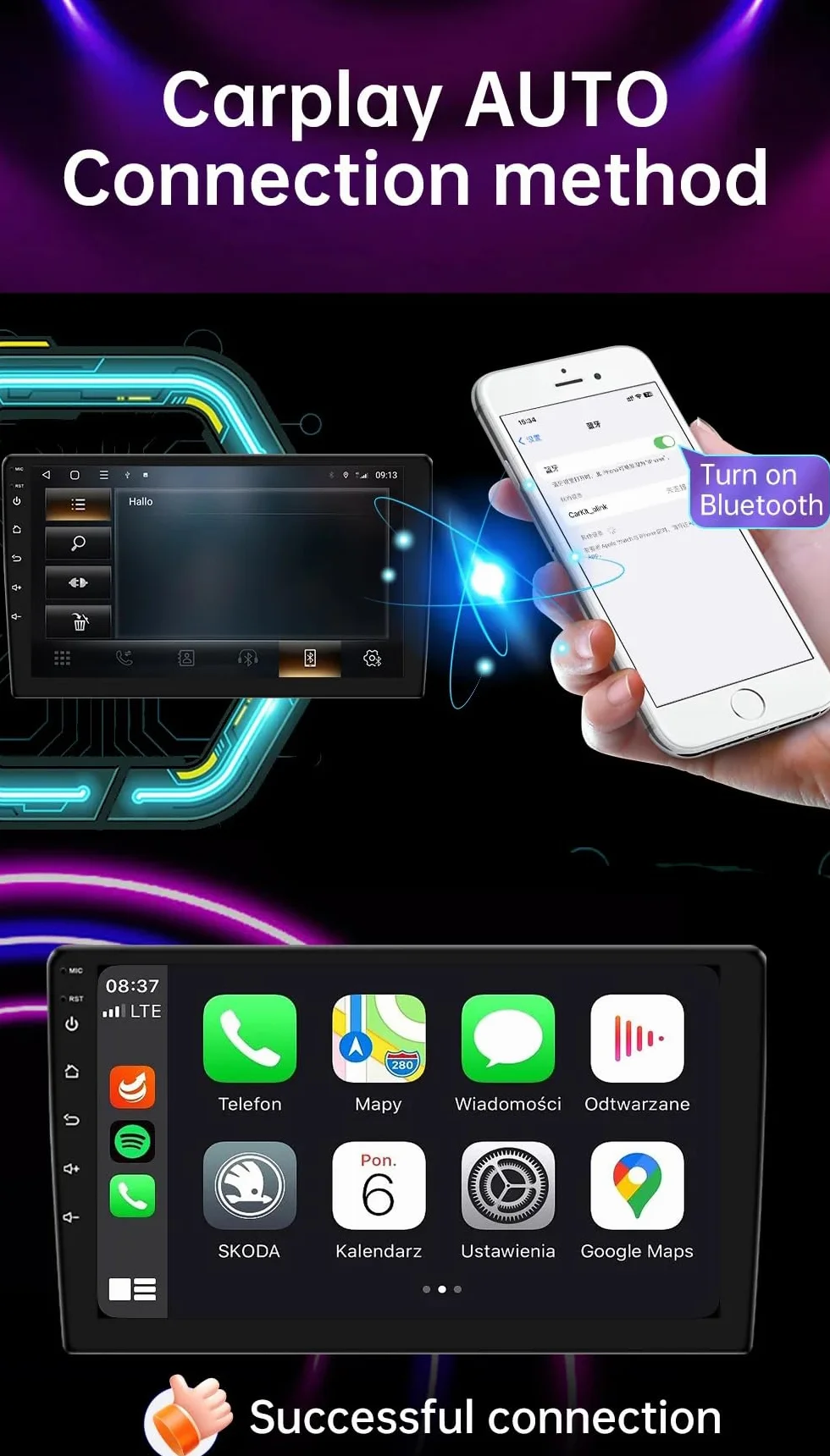 Nawigacja GPS do samochodu z systemem Carplay i Android Auto,Europa UK 52 mapy, dożywotnia bezpłatna aktualizacja map (typ B)