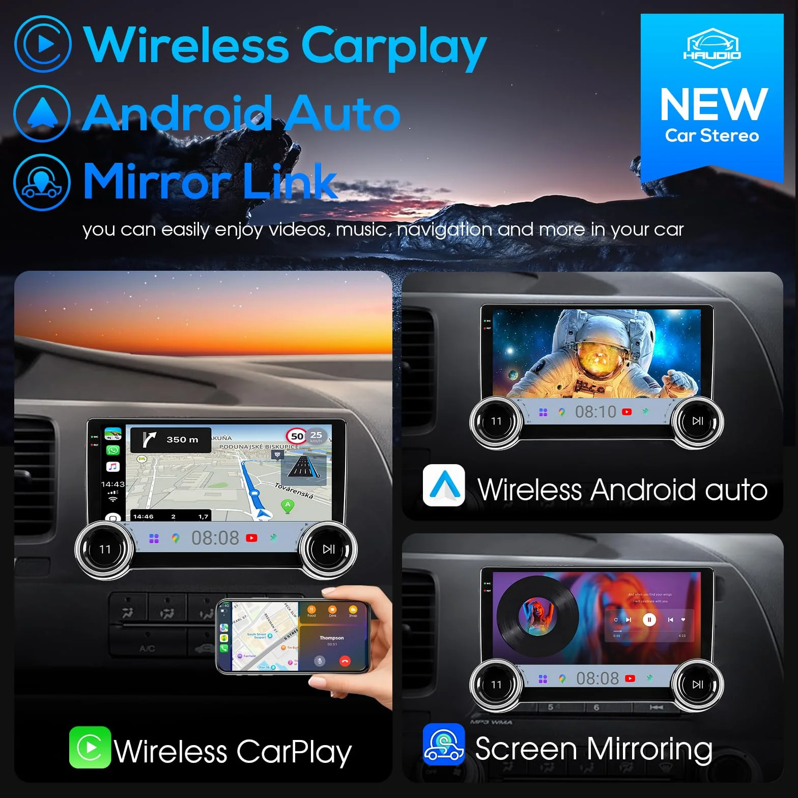 Haudio 10,1-calowe radio samochodowe Android 13 z bezprzewodowym CarPlay i Android Auto, stereo Bluetooth 2 DIN z tylną kamerą, OTA i APK, Mirror Link, asystent głosowy, AM/RDS/FM do wszystkich