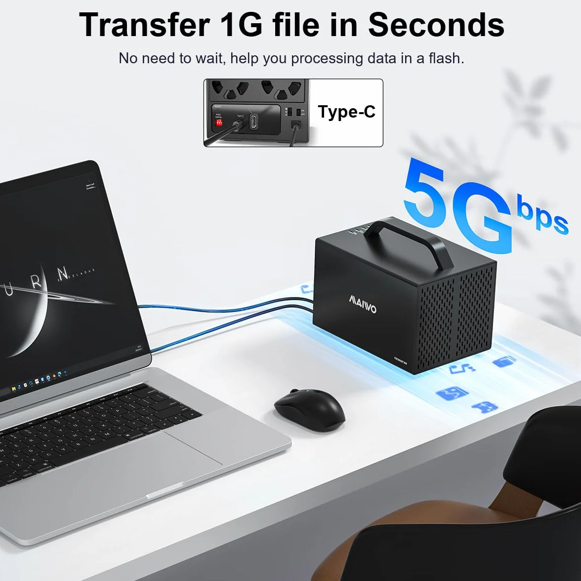 MAIWO Obudowa HDD RAID USB-C z 4 gniazdami do dysku SATA 6.3 cm 8.9 cm z wentylatorem chłodzącym, kabel USB A-C 3.1 i C-C, obsługuje Raid Normal, 0,3,5,1/10, klon/duży (jbod) i pojemność 96 TB, DAS