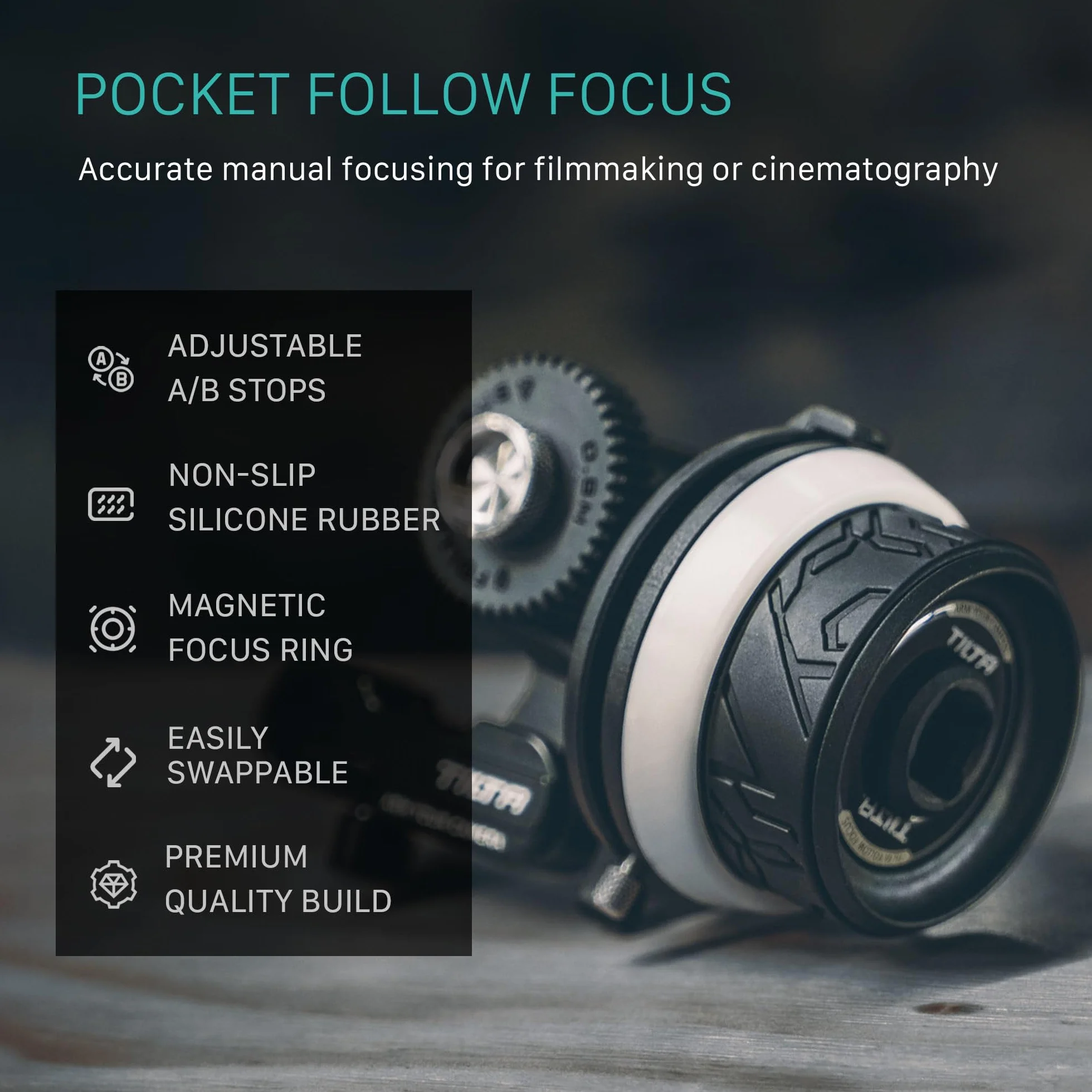Tilta Pocket Follow Focus, precyzyjny pierścień ostrości z ogranicznikami A/B, system tłumienia płynów, uchwyt na pręt i pręt 15 mm, pasuje do większości aparatów i obiektywów, lekka, wygodna i