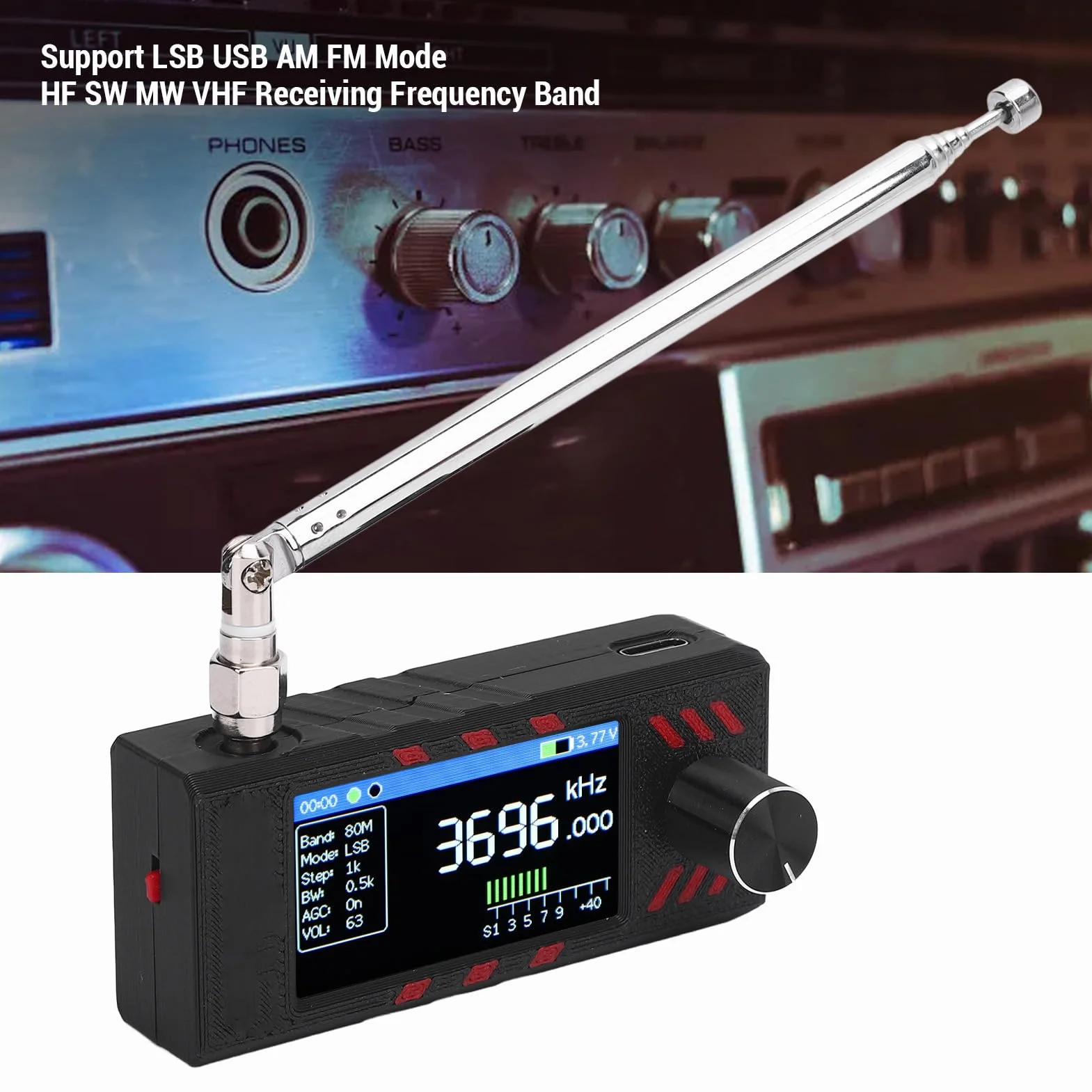 Luocute Mini Odbiornik Radiowy, Przenośne Radio Krótkofalowe z 1,9 -calowym Ekranem Kolorowym Pełny Odbiornik Pasma dla FM AM LSB USB z Naładowaniem Typu C Akumulator 800 MAh