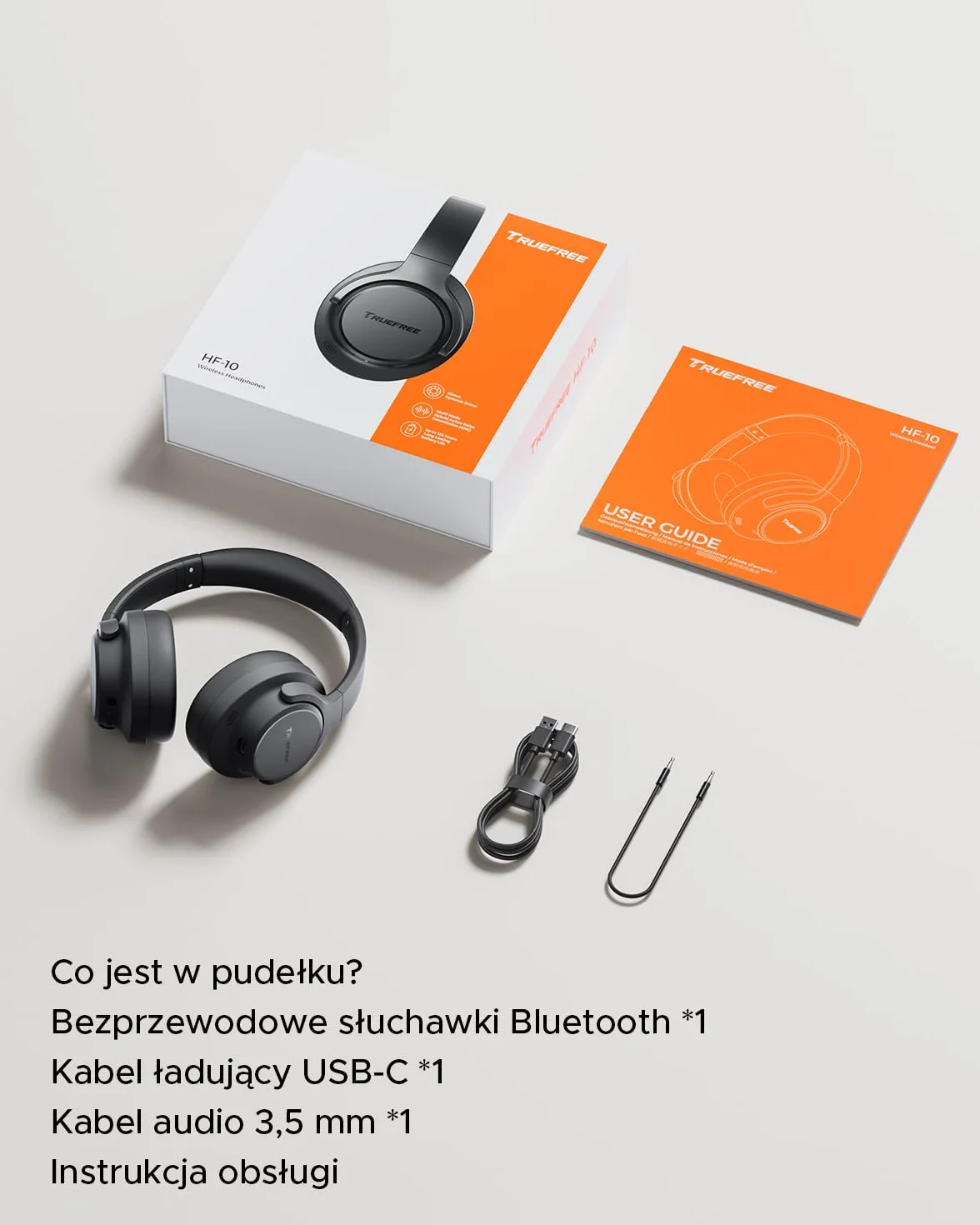 Truefree HF-10 nauszne słuchawki Bluetooth ze sterownikiem 40 mm, ANC -45 dB, dźwięk przestrzenny, akumulator 125 h, mikrofon AI, aplikacja, tryb gier, składany, USB-C, AUX, zestaw słuchawkowy z