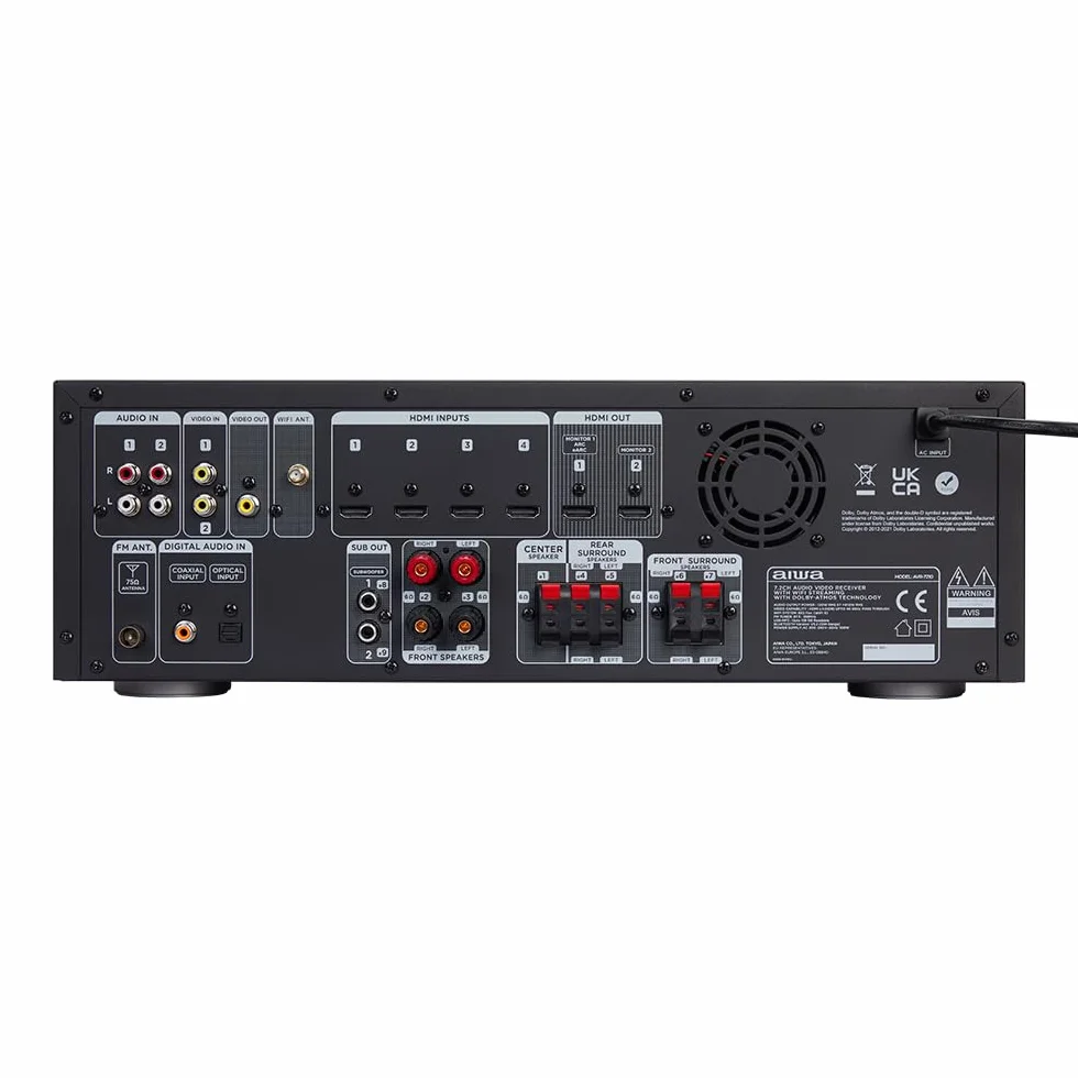 AIWA AVR-7210 7.2-kanałowy odbiornik audio i wideo z technologią Dolby Atmos, Spotify Streaming, AirPlay 2, Bluetooth 5.2 i UHD 4K Passthrough - 1155 W. Kolor: czarny