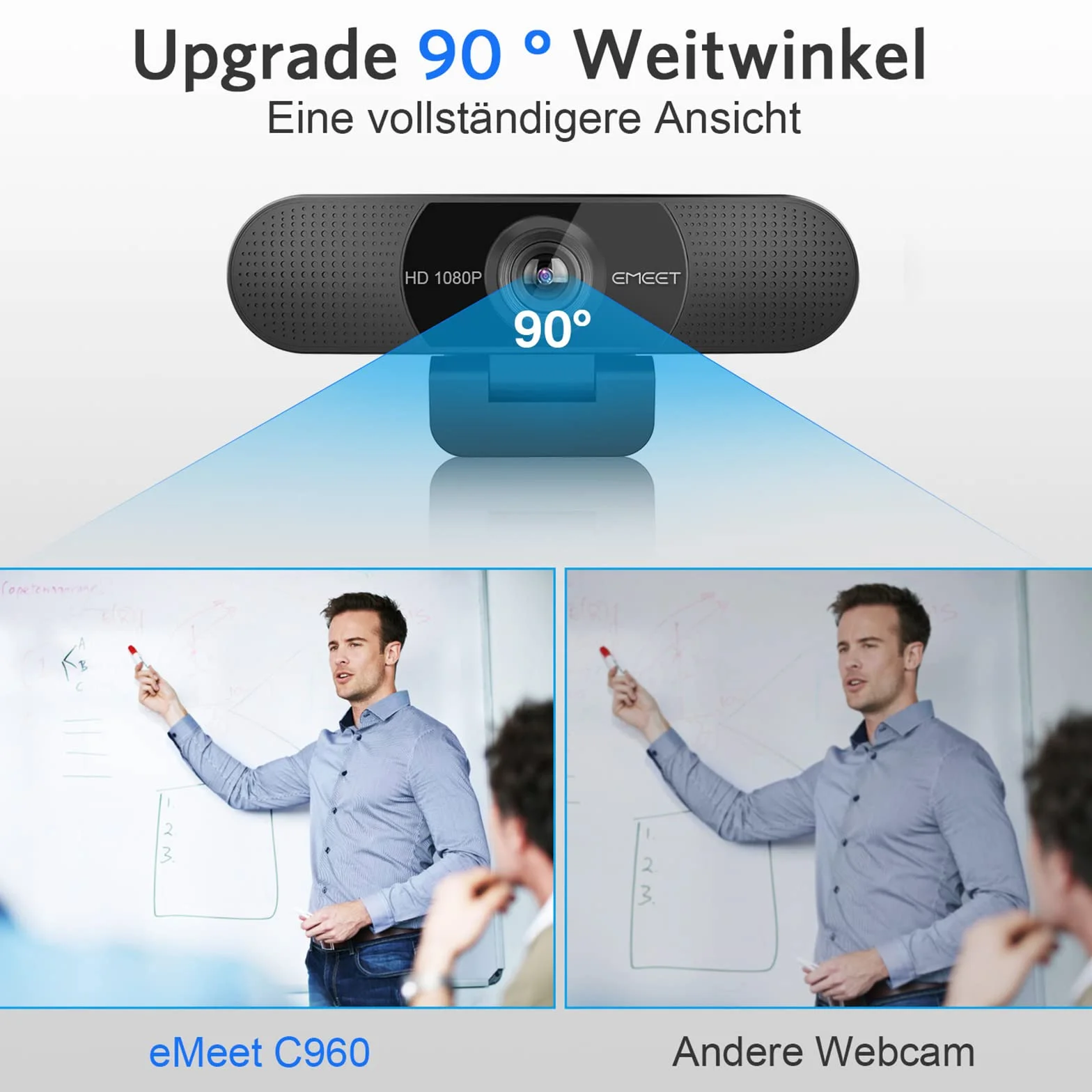 eMeet Webcam 1080P- Kamera internetowa C960 Full HD z podwójnym mikrofonem, regulowane ustawienia, szeroki kąt 90° z automatyczną korekcją, Plug & Play, kamera strumieniowa do Linuksa, Win10, Mac,