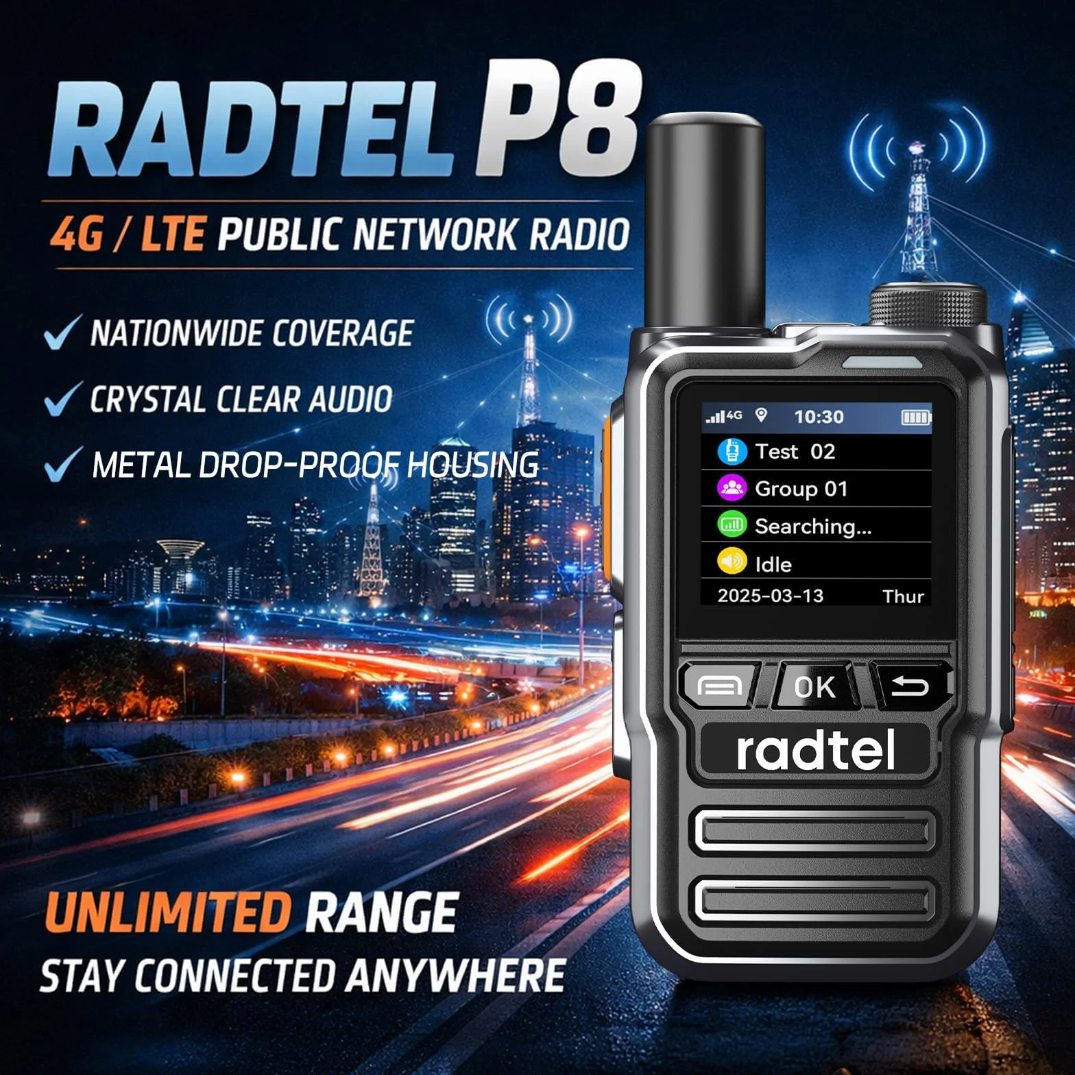 Radiotelefon Radtel P8 PoC (Push-to-Talk Over Cellular), przenośny krótkofalówka o nieograniczonym zasięgu, ogólnokrajowy, akumulatorowy radiotelefon GXIN (zestaw 4 sztuk z 4 kartami SIM)