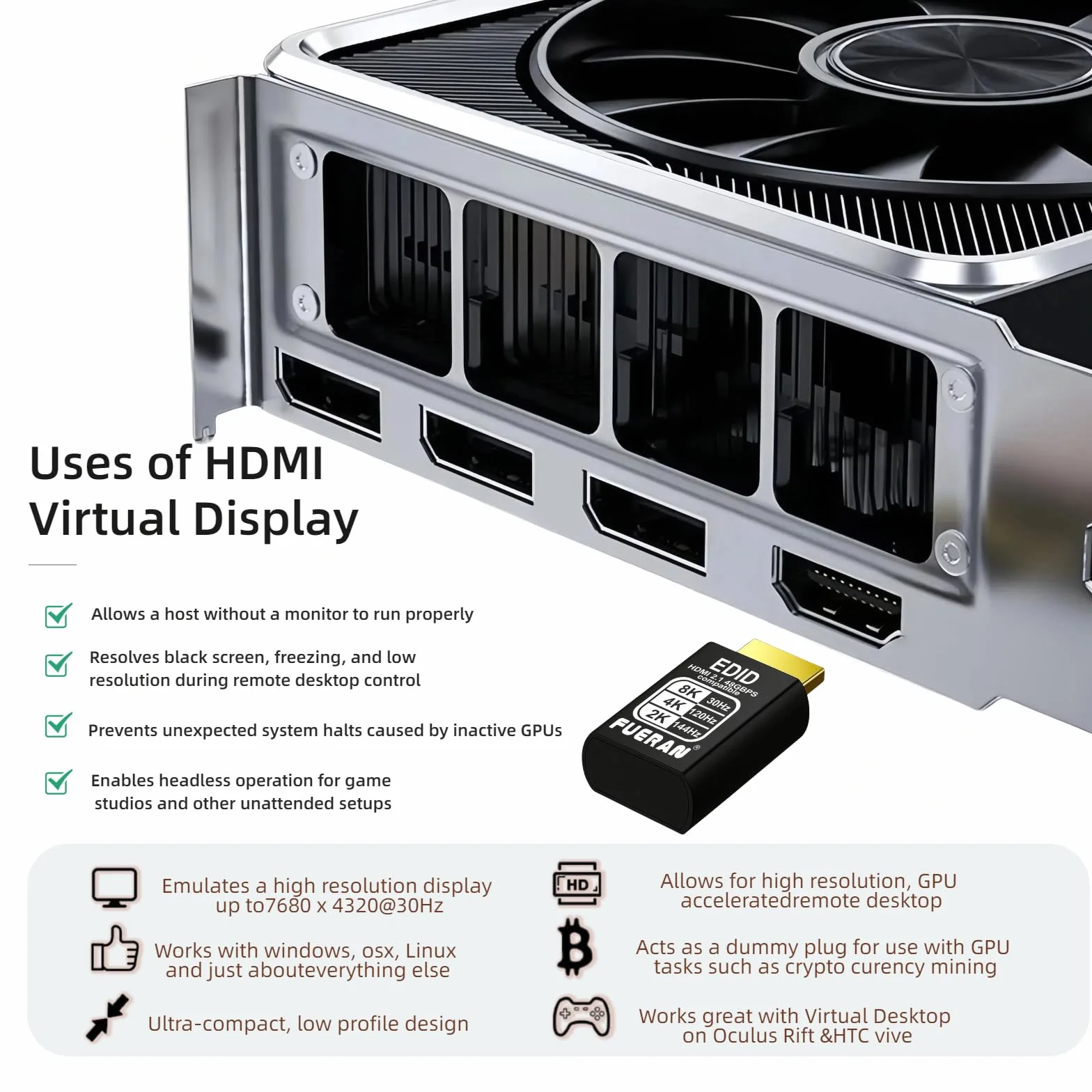 4K 120 Hz HDMI 2.1 Dummy Plug, Virtual Display Emulator, displayport Dummy Plug 4K 120 Hz, adapter wyświetlacza Headless Ghost, monitor 8K EDID 3840 x 2160 @120 Hz (8K/30Hz-4K/120Hz-3P)