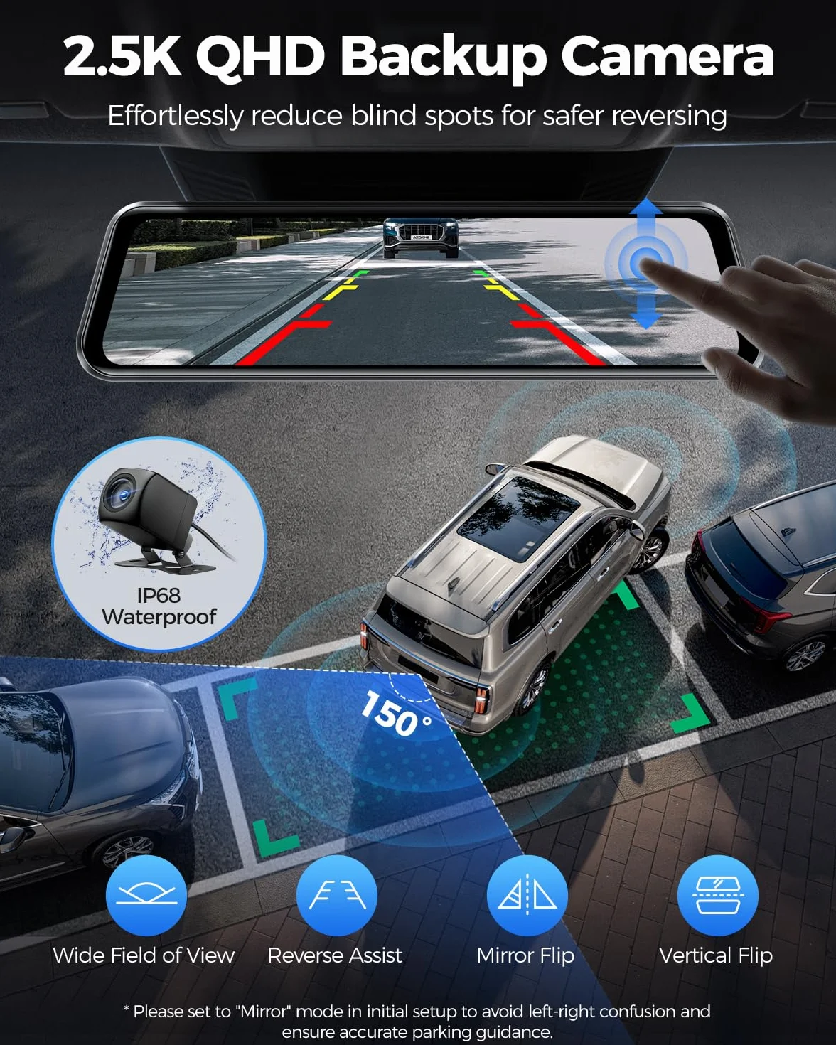 AZDOME Kamera samochodowa z lusterkiem 4K z tyłu 2,5 K, kamera samochodowa 5G WiFi, karta 64 GB w zestawie, super widoczność w nocy, GPS, sterowanie głosem, ekran dotykowy IPS 12", monitorowanie
