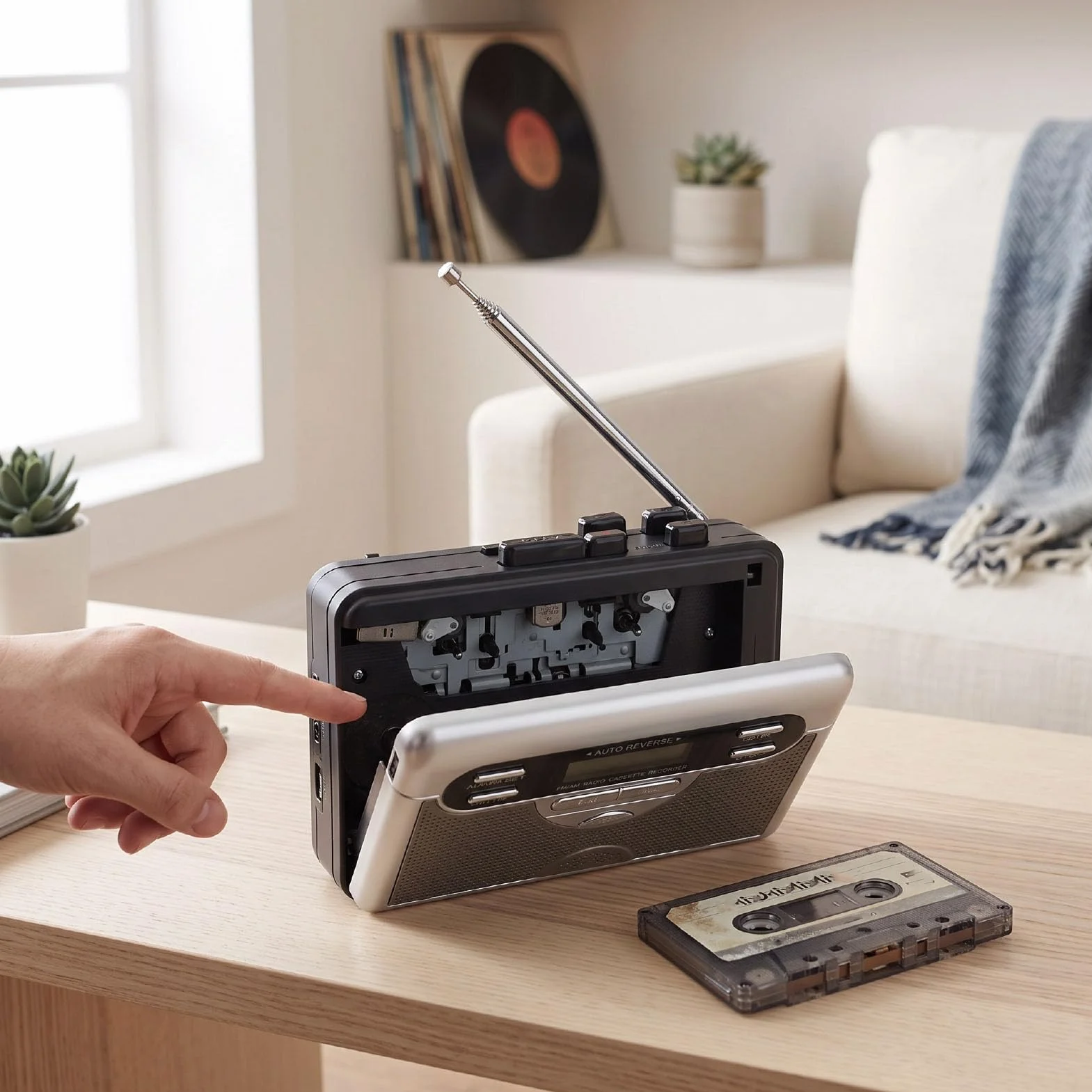 Sxhlseller Odtwarzacz Kasetowy z Radiem AM/FM, Retro Odtwarzacz Taśmowy z Automatycznym Przewijaniem, Vintage Urządzenie Audio z Ekranem LCD i Gniazdem Słuchawkowym 3,5 Mm do Nagrywania