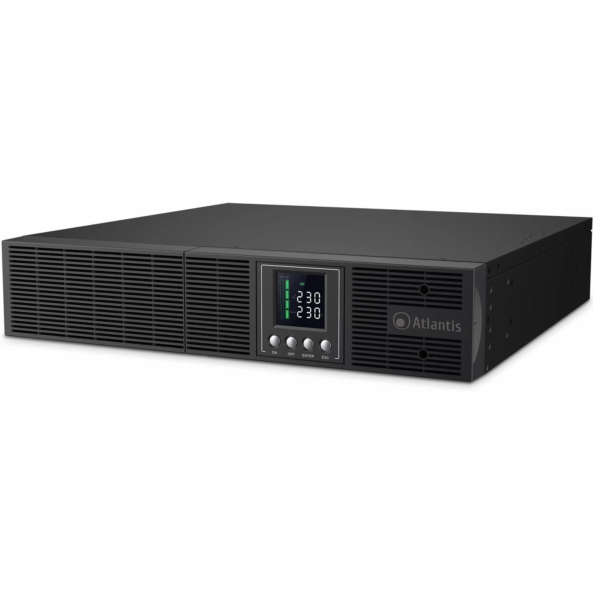 Atlantis A03-OP3002P-RC PRO UPS OnLine Zasilacz bezprzerwowy Podwójnej konwersji Czysta fala sinusoidalna 3000VA 2700W, serwer RACK, wyświetlacz LCD, USB, szeregowy RS-232, 8 wyjść IEC, gniazda SNMP, 6x12V-9Ah
