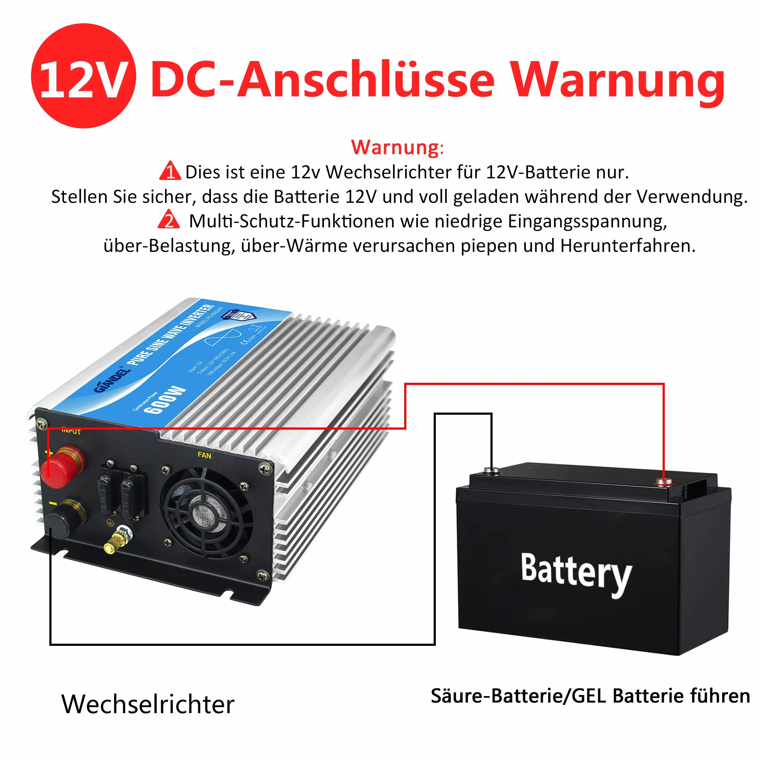 Przetwornica napięcia sinusoidalnego 600 W, 12 V na 230 V, z pilotem zdalnego sterowania i portem USB, do laptopa, aparatu, smartfona GIANDEL Silver